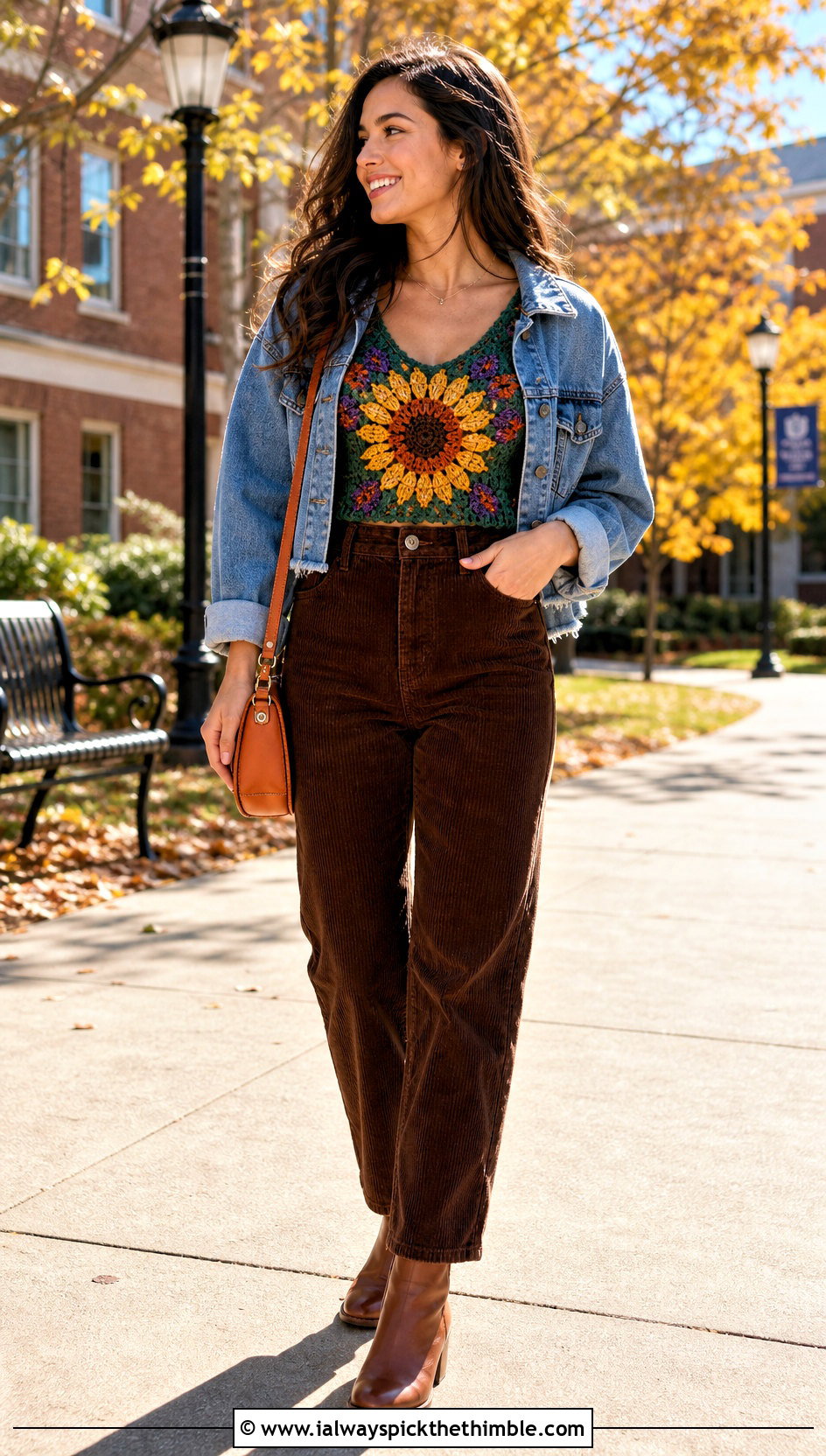 Color Block Sunflower Tank Top With Corduroy Trousers - 15 crochet sunflower tank top outfit ideas