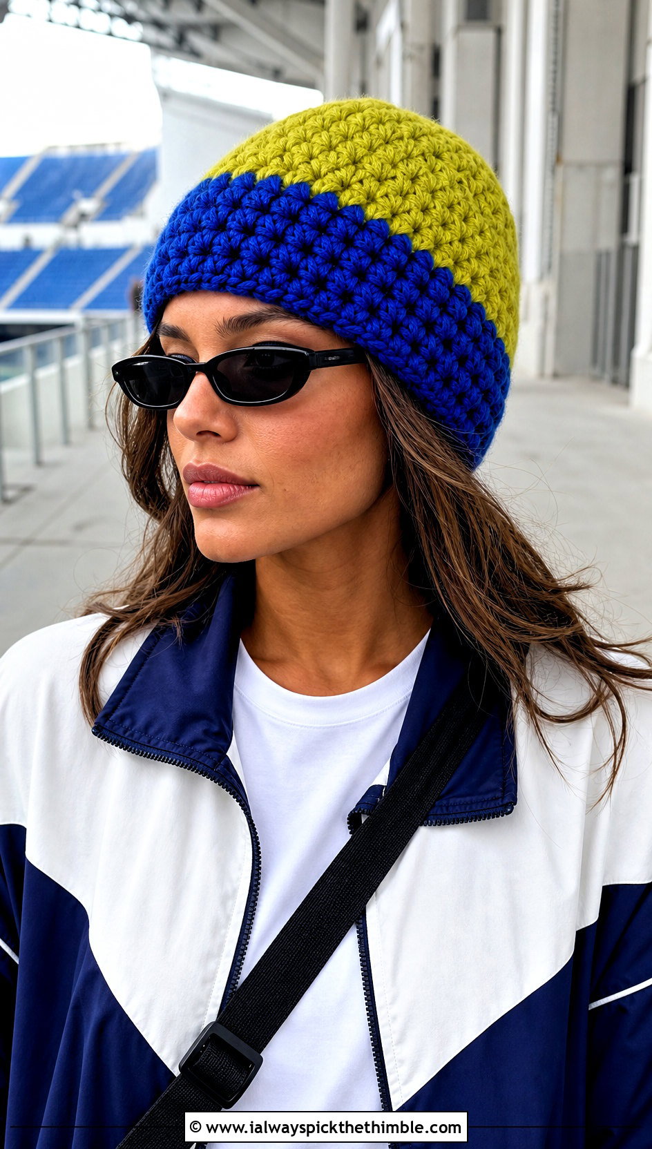 Color Block Super Bulky Crochet Beanie With Track Jacket - 15 Crochet Hat With Super Bulky Yarn outfit ideas