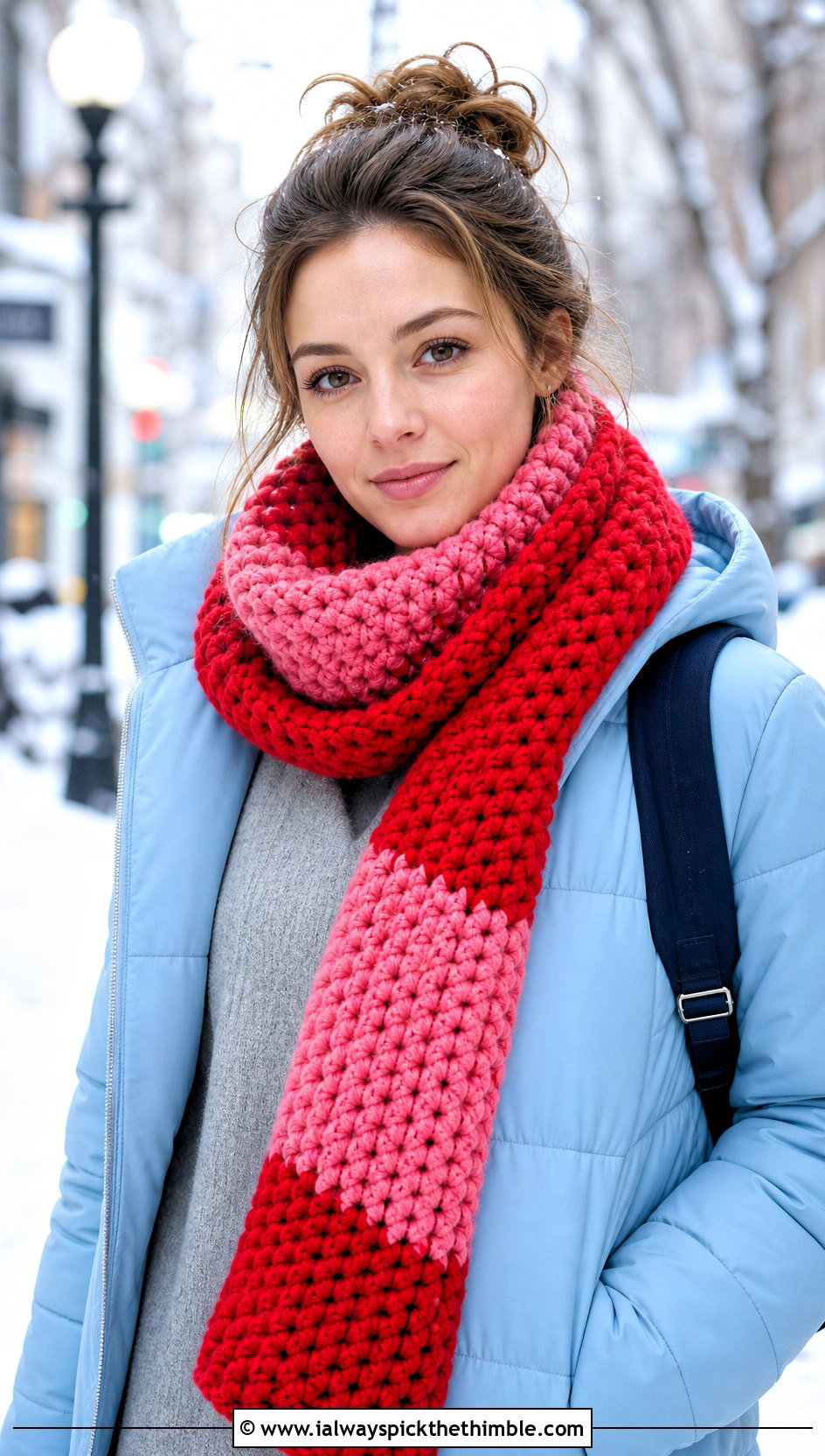 Color Block Super Chunky Crochet Scarf With Puffer Coat - 20 Super Chunky Crochet Scarf outfit ideas