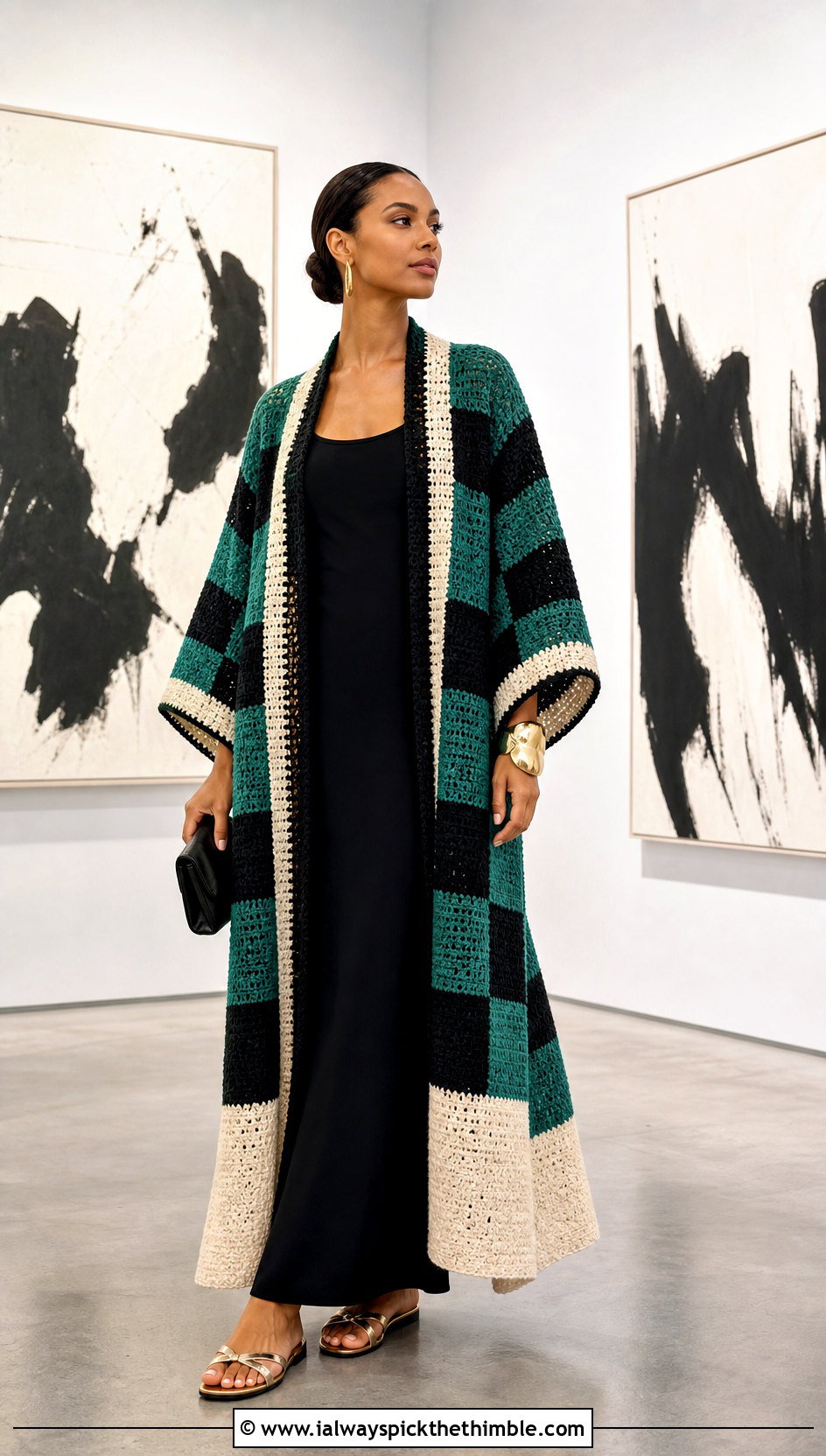 Color Block Tanjiro Crochet Kimono With Black Maxi Dress - 20 tanjiro crochet kimono outfit ideas