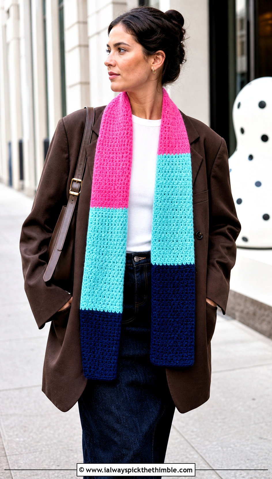 Color Block Temperature Scarf With Blazer And Denim Skirt - 20 crochet temperature scarf outfit ideas