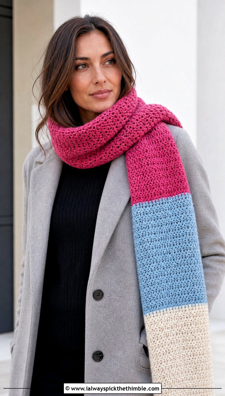 Color Block Thermal Stitch Crochet Scarf With Minimalist Outfit - 20 Thermal Stitch Crochet Scarf outfit ideas