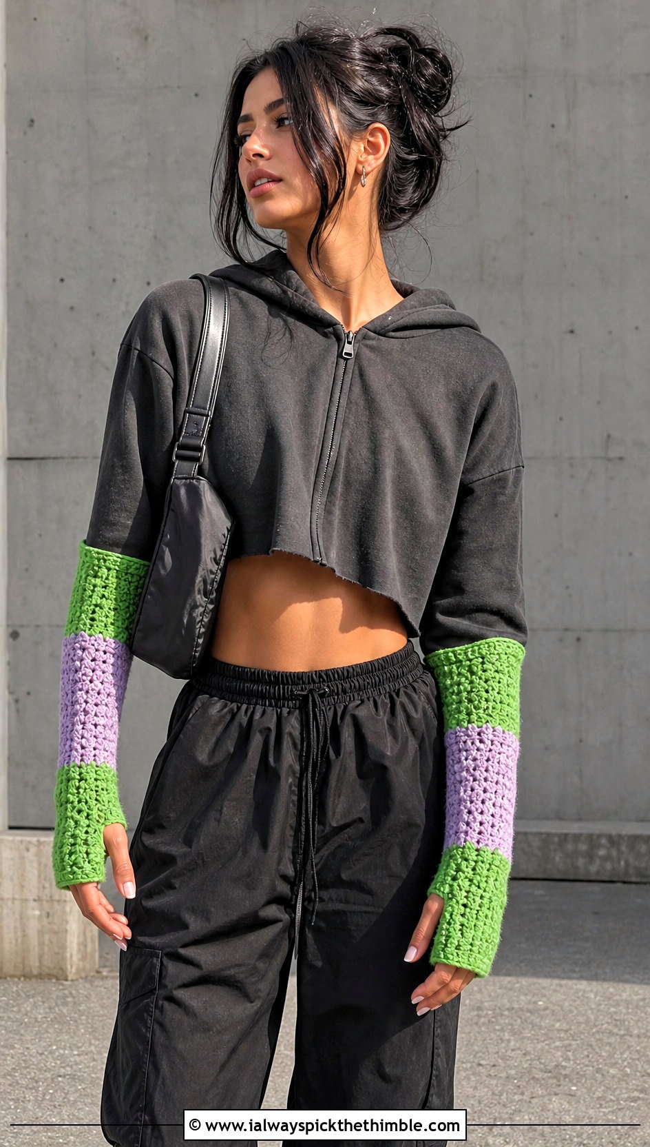 Color Block Thumbhole Crochet Arm Warmers With Hoodie And Parachute Pants - 20 Easy Crochet Arm Warmers outfit ideas
