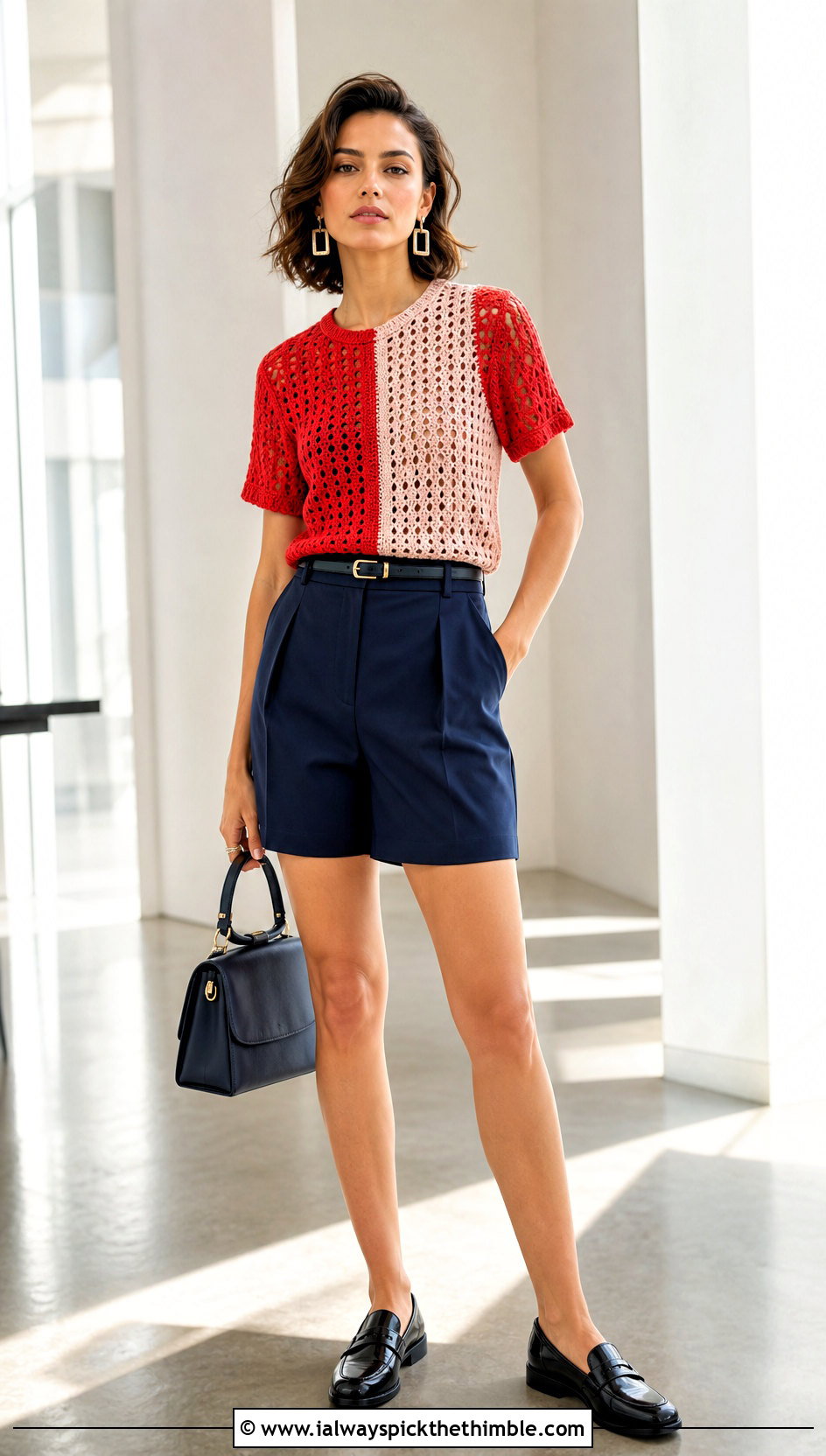 Color Block Tidepool Tee With Tailored Shorts - 15 tidepool tee summer crochet top outfit ideas
