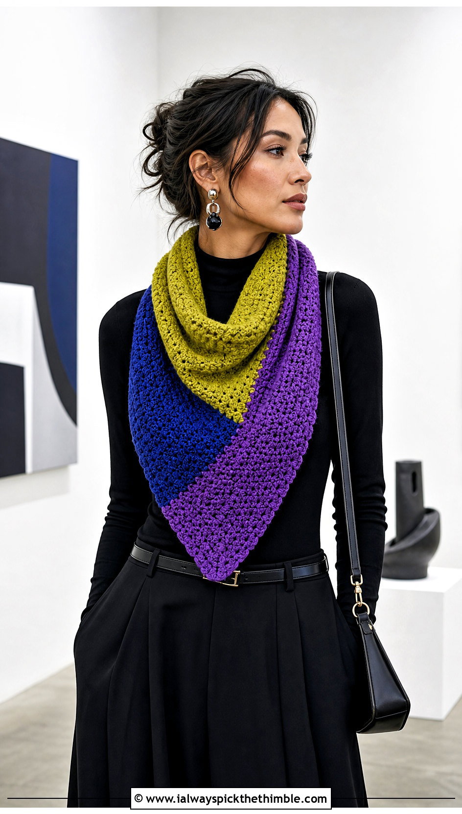 Color Block Triangle Cowl With Black Outfit - 20 crochet triangle cowl outfit ideas