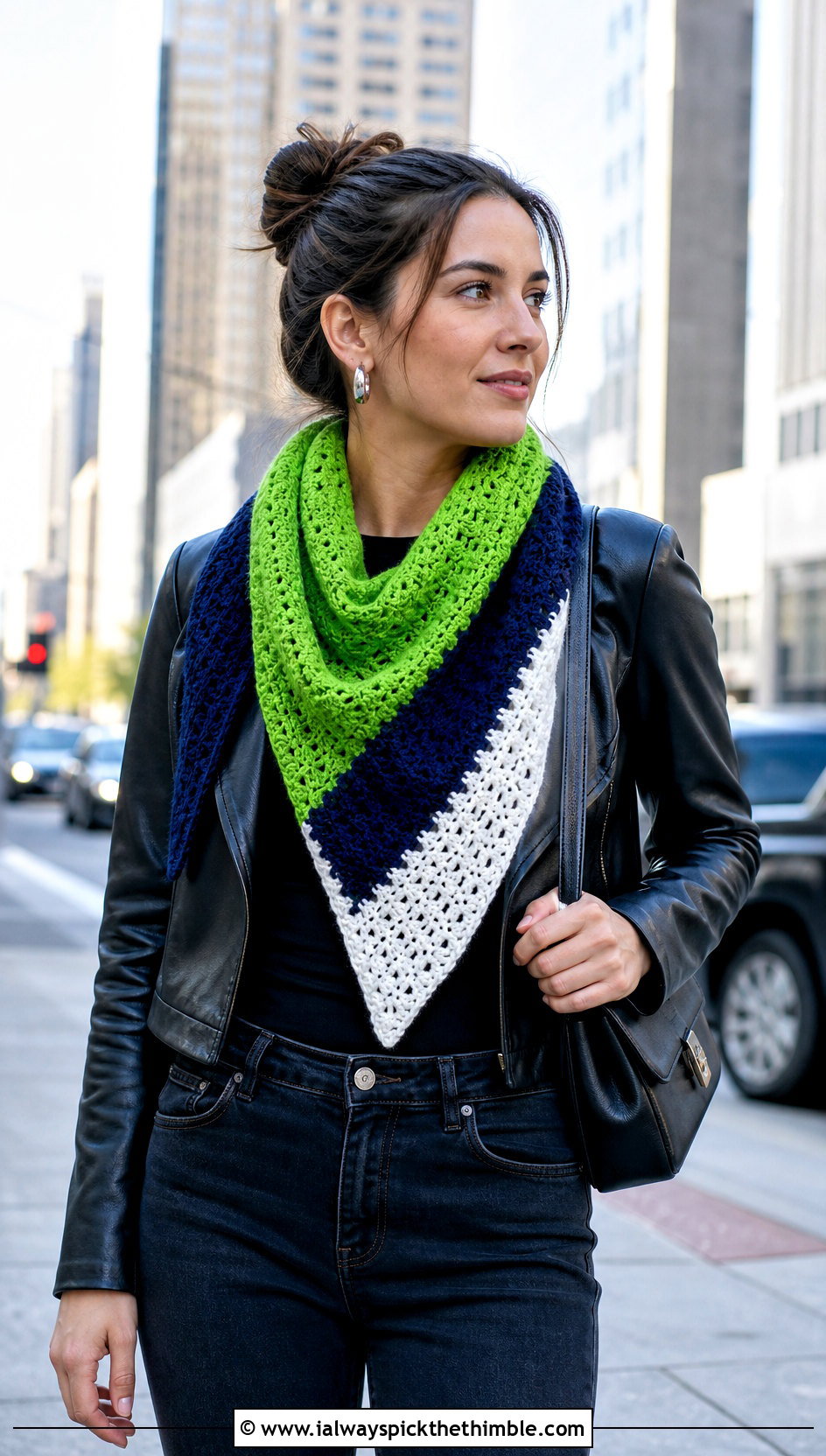 Color Block Triangle Crochet Shawl With Leather Jacket And Straight Jeans - 15 Beginner Triangle Crochet Shawl outfit ideas