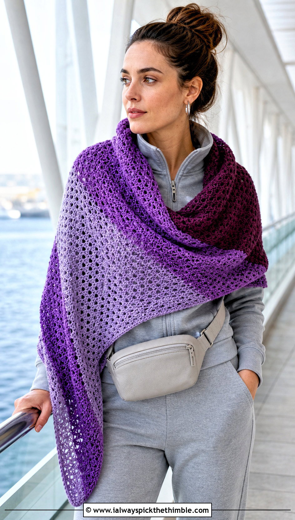 Color Block Triangle Crochet Shawl With Matching Tracksuit - 20 triangle crochet shawls outfit ideas