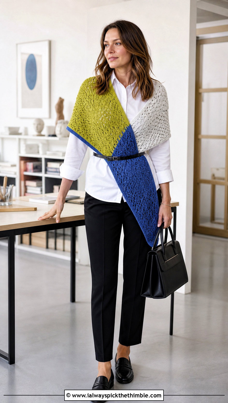 Color Block Triangle Crochet Shawl With White Shirt - 25 triangle crochet shawl outfit ideas
