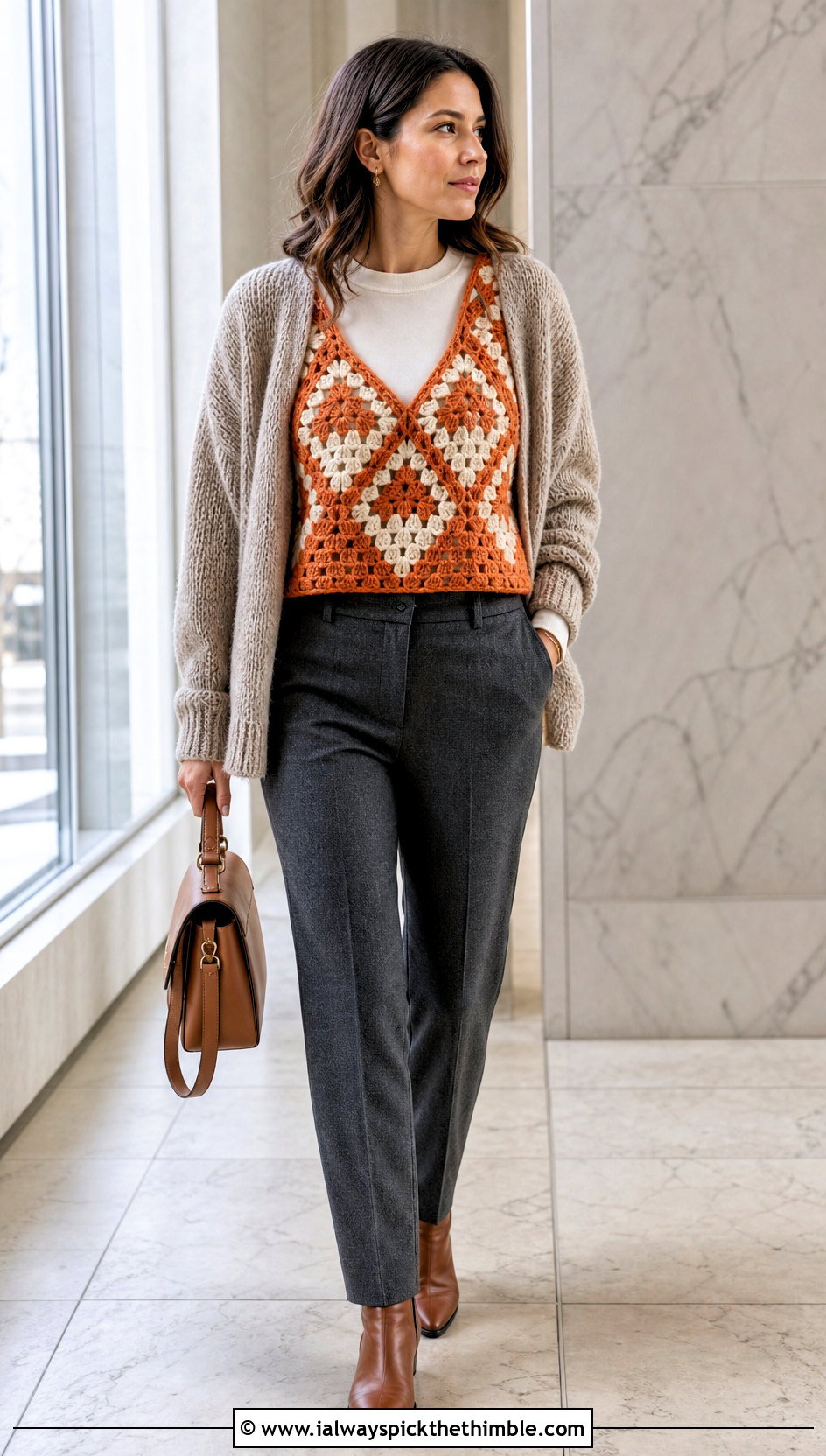 Color Block Triangle Granny Square Top With Cardigan And Wool Pants - 20 triangle granny square top outfit ideas