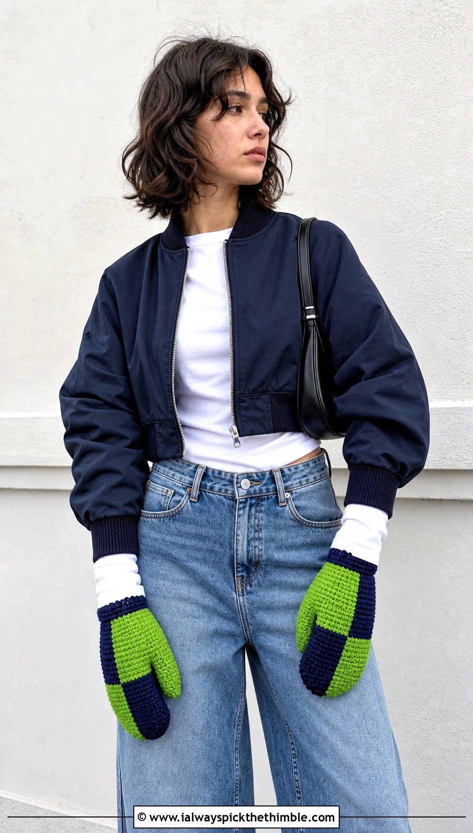 Color Block Trigger Tabi Crochet Mittens With Bomber Jacket And Wide Leg Jeans - 20 Tabi Crochet Mittens outfit ideas