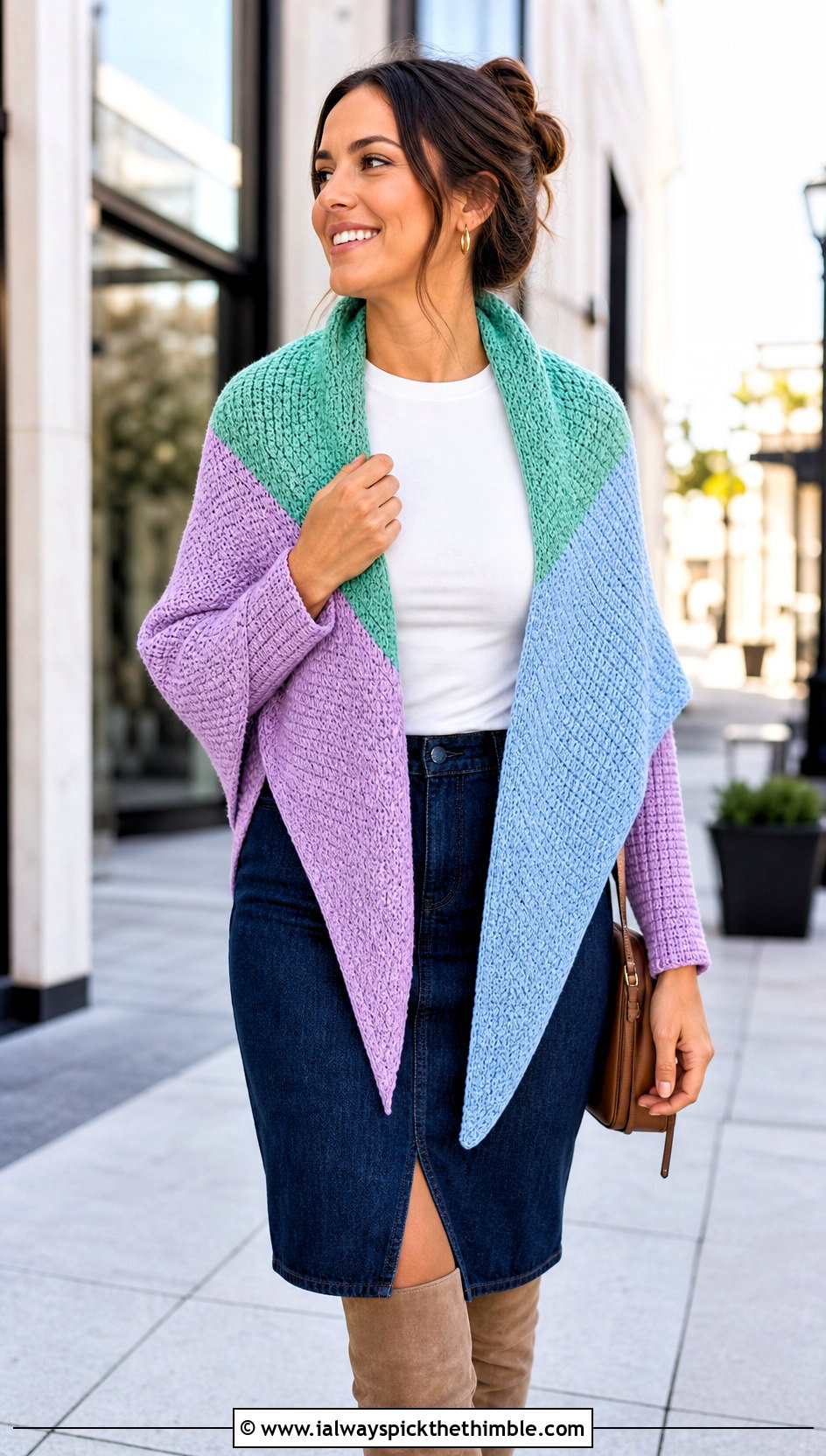 Color Block Tunisian Crochet Triangle Shawl With Denim Skirt - 20 Tunisian Crochet Triangle Shawl outfit ideas