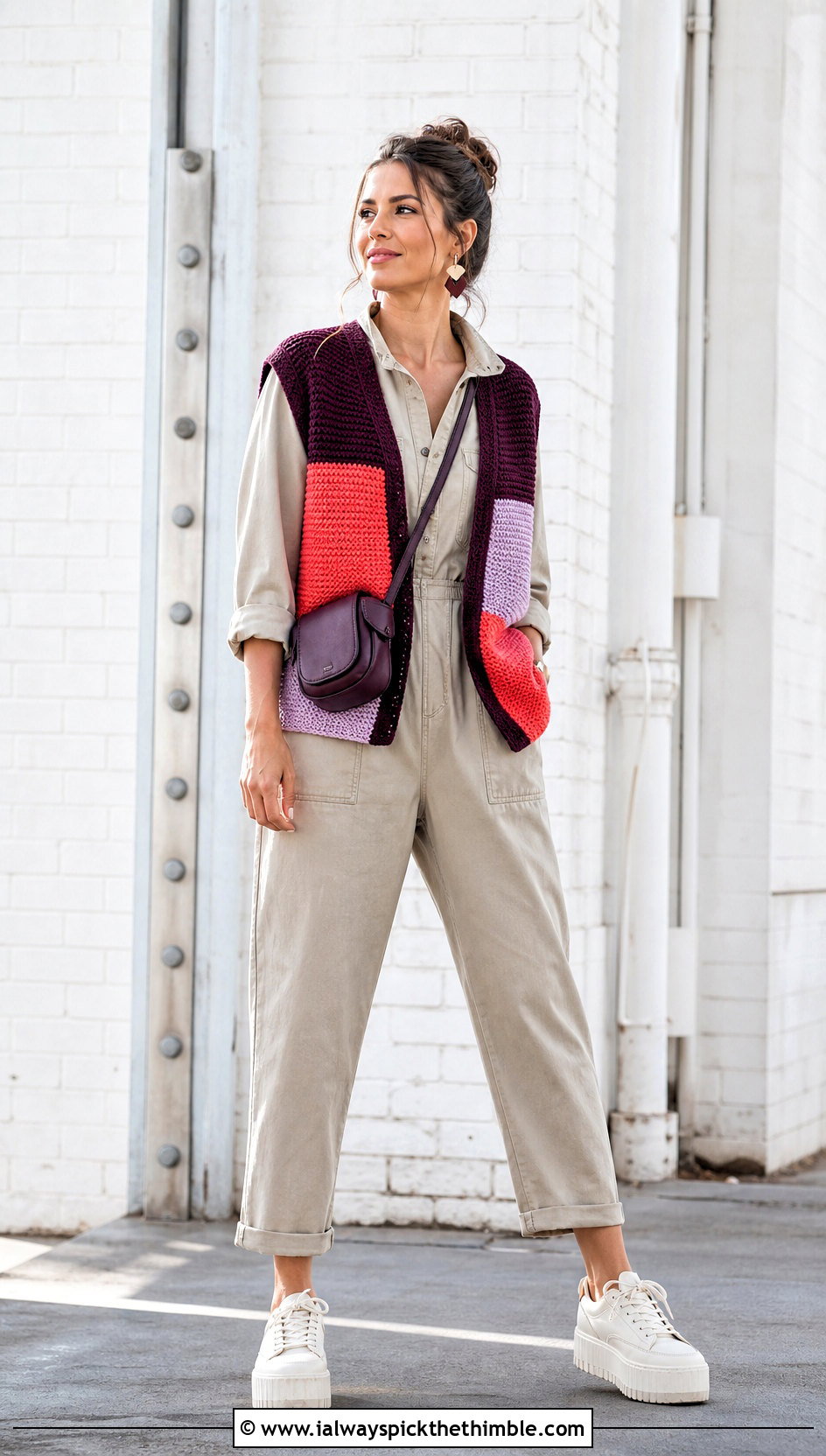 Color Block Tunisian Crochet Vest With Utility Jumpsuit - 20 Tunisian Crochet Vest outfit ideas