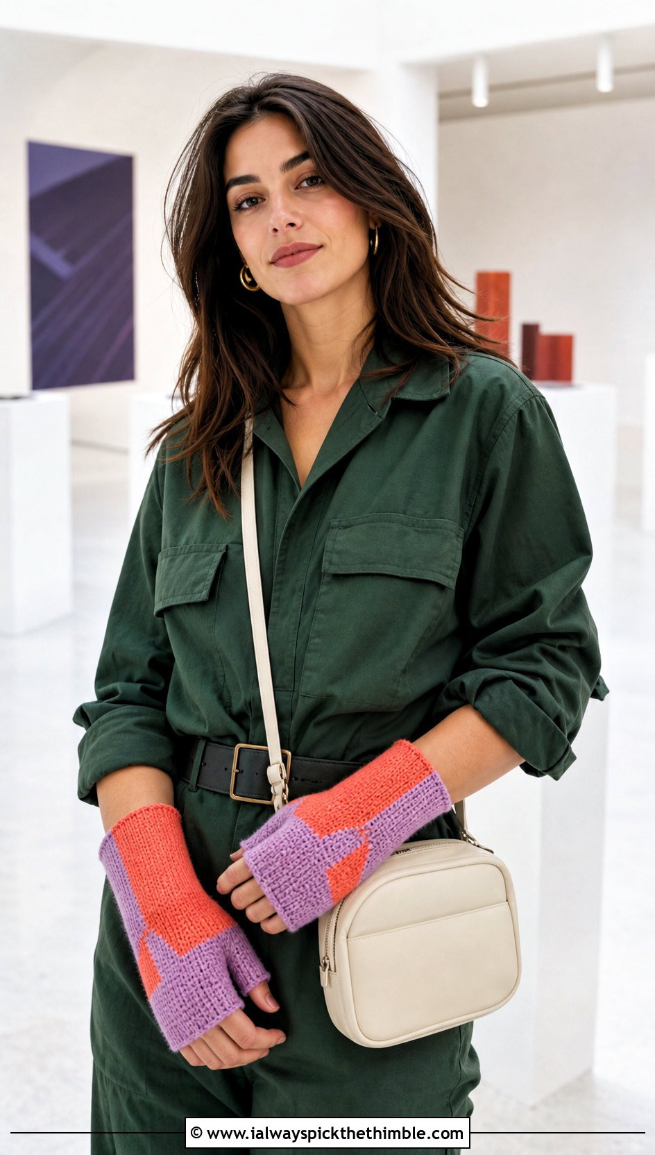Color Block Tunisian Fingerless Gloves With Utility Jumpsuit - 20 tunisian crochet fingerless gloves outfit ideas