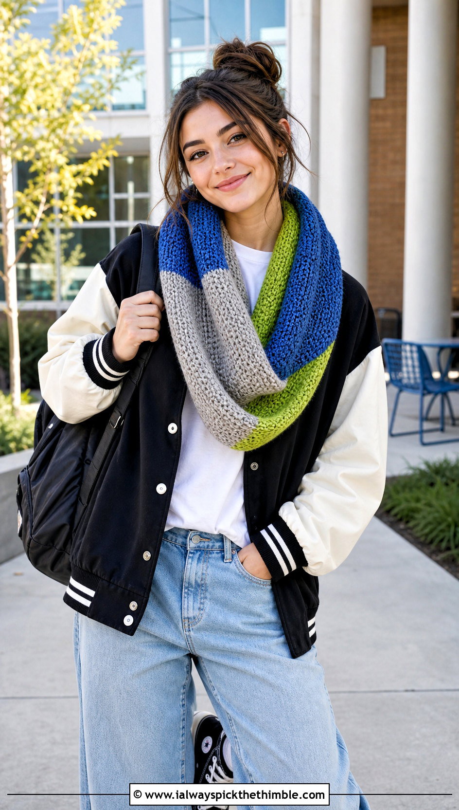 Color Block Tunisian Infinity Scarf With Varsity Jacket - 15 Tunisian Crochet Infinity Scarf outfit ideas