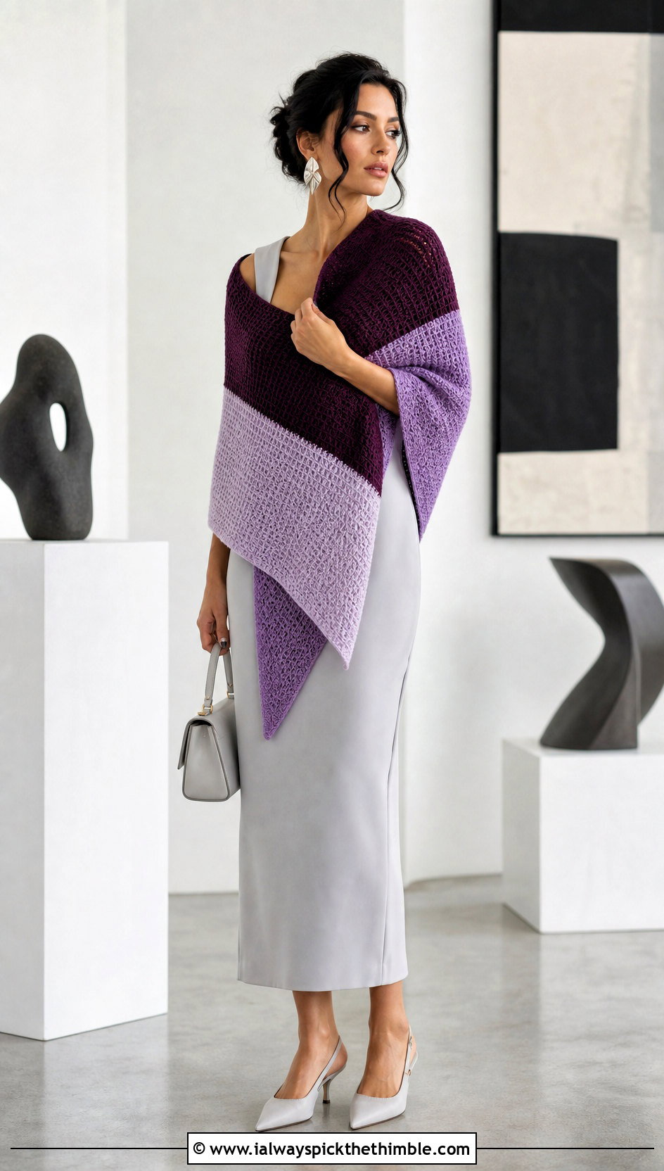 Color Block Tunisian Shawl With Column Dress - 25 tunisian crochet shawl outfit ideas
