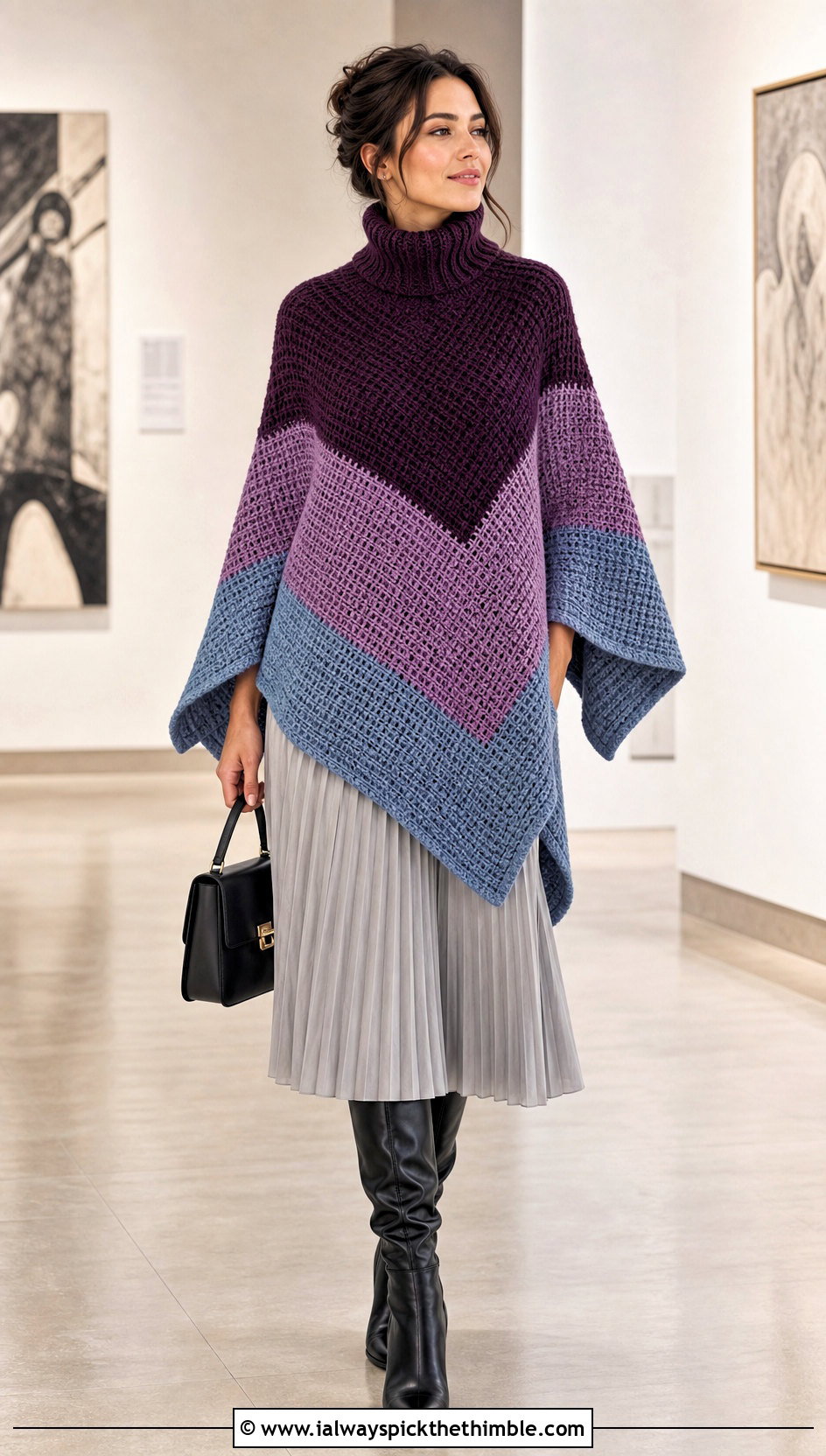 Color Block Tunisian Turtleneck Poncho With Pleated Midi Skirt - 20 tunisian crochet poncho outfit ideas