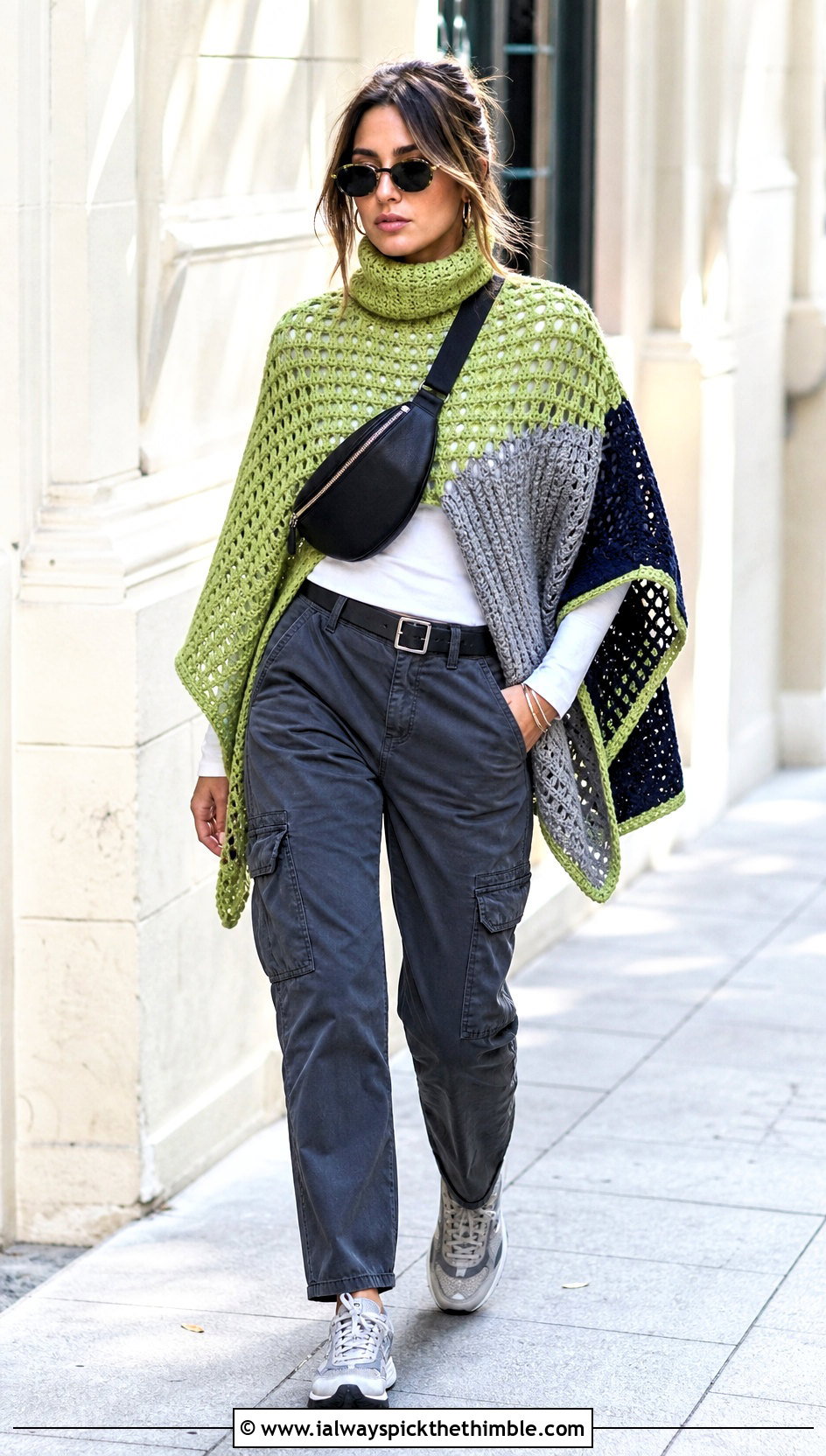 Color Block Turtle Neck Crochet Poncho With Cargo Pants - 20 Turtle Neck Crochet Poncho outfit ideas