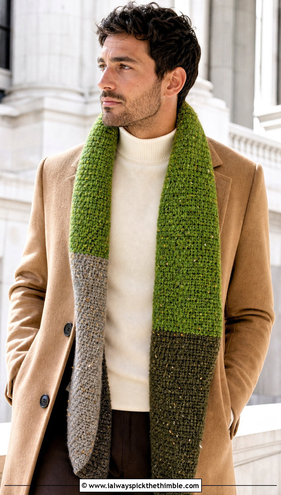 Color Block Tweed Crochet Scarf With Camel Coat - 15 Tweed Men's Crochet Scarf outfit ideas