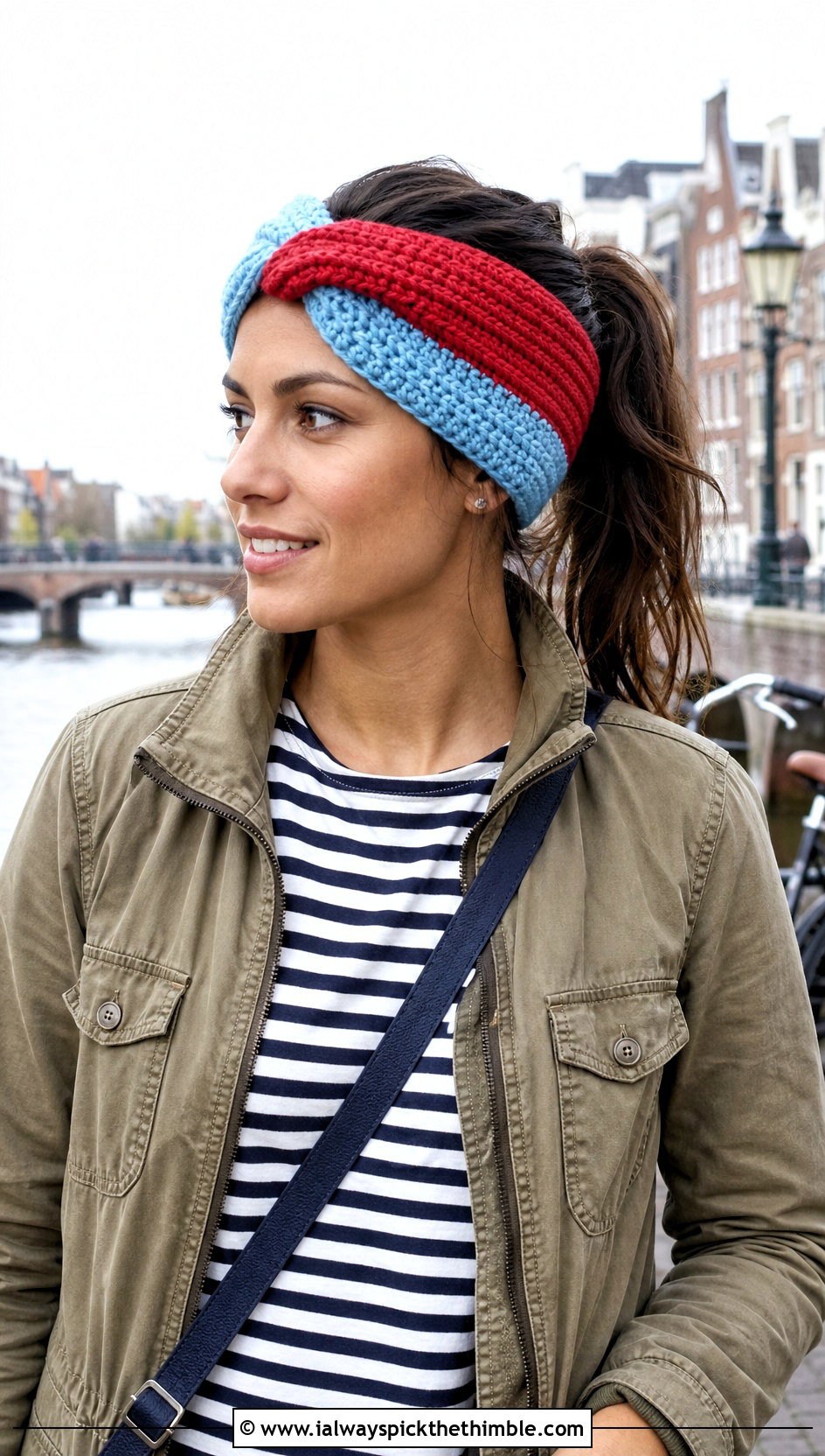Color Block Twist Crochet Ear Warmer With Utility Jacket - 20 twist crochet ear warmer outfit ideas