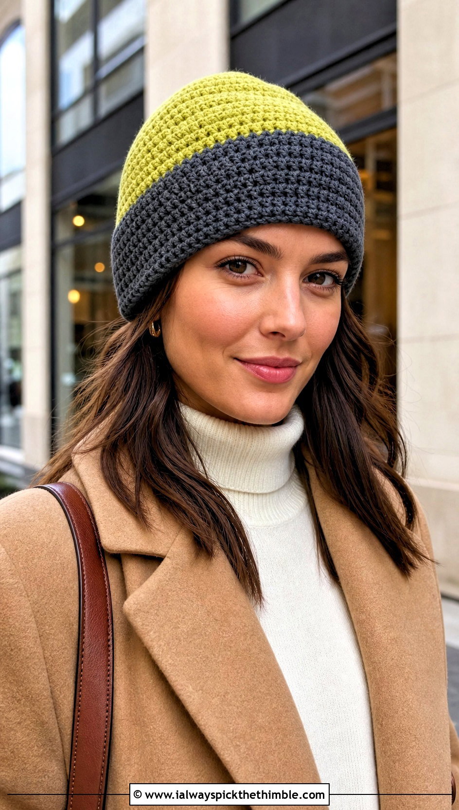 Color Block Two Color Crochet Beanie With Wool Coat - 20 two color crochet beanie outfit ideas