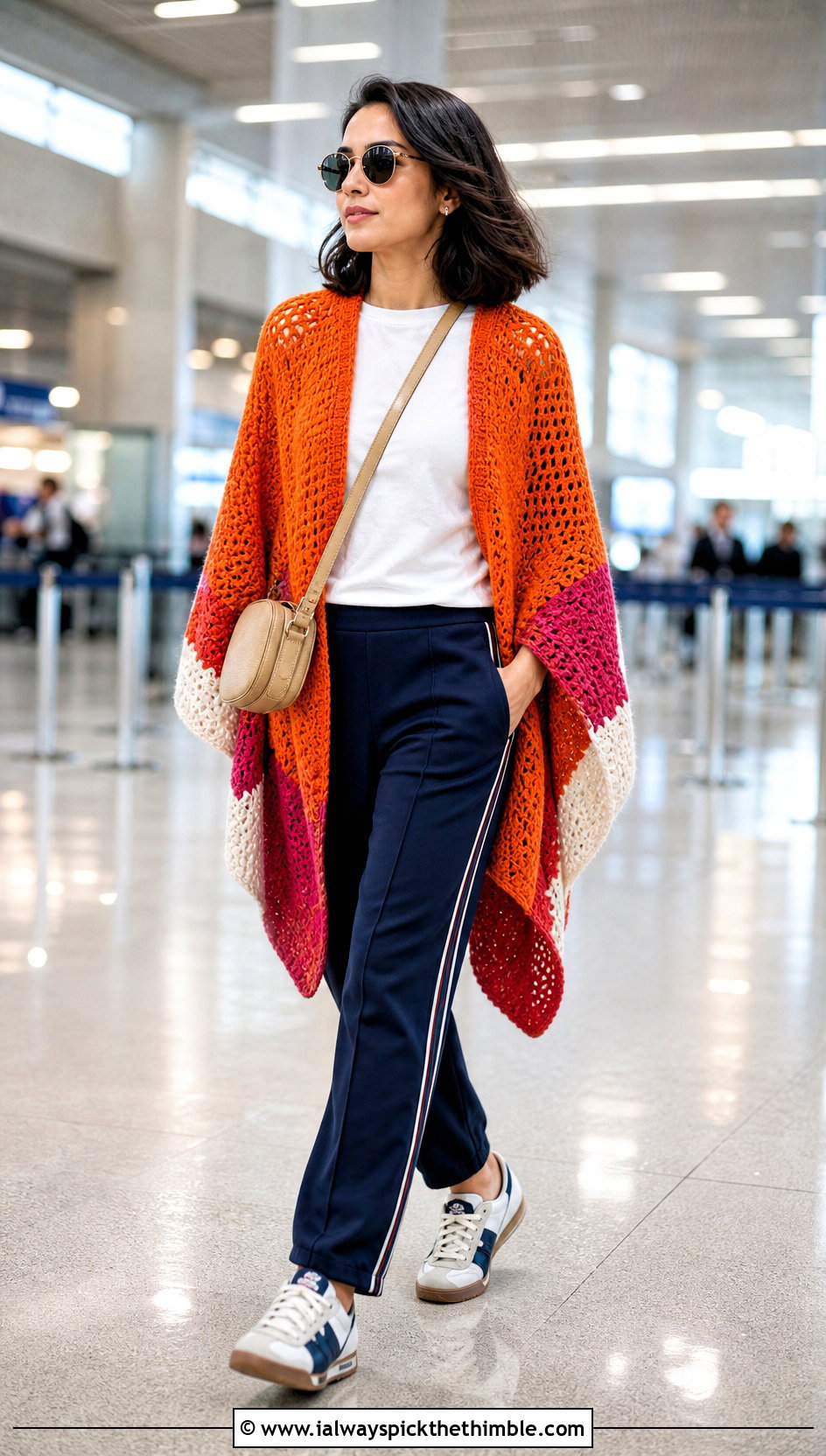 Color Block Uptown Crochet Poncho With Track Pants - 15 Uptown Crochet Poncho outfit ideas