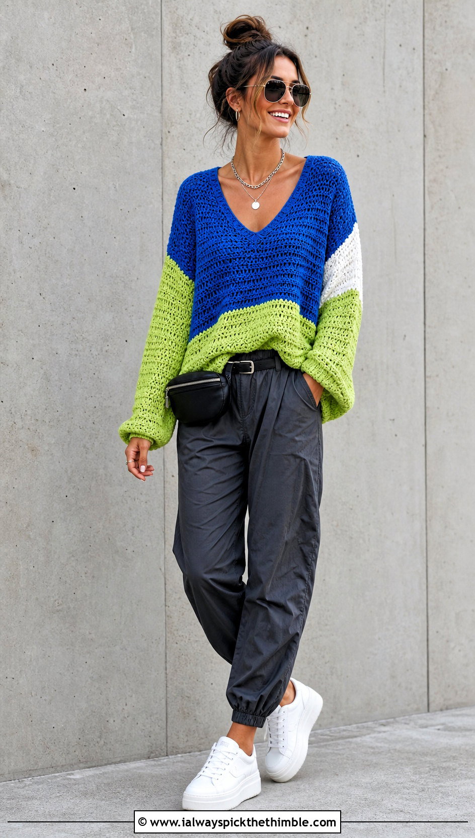 Color Block V Neck Crochet Sweater With Parachute Pants - 25 v neck crochet sweater outfit ideas