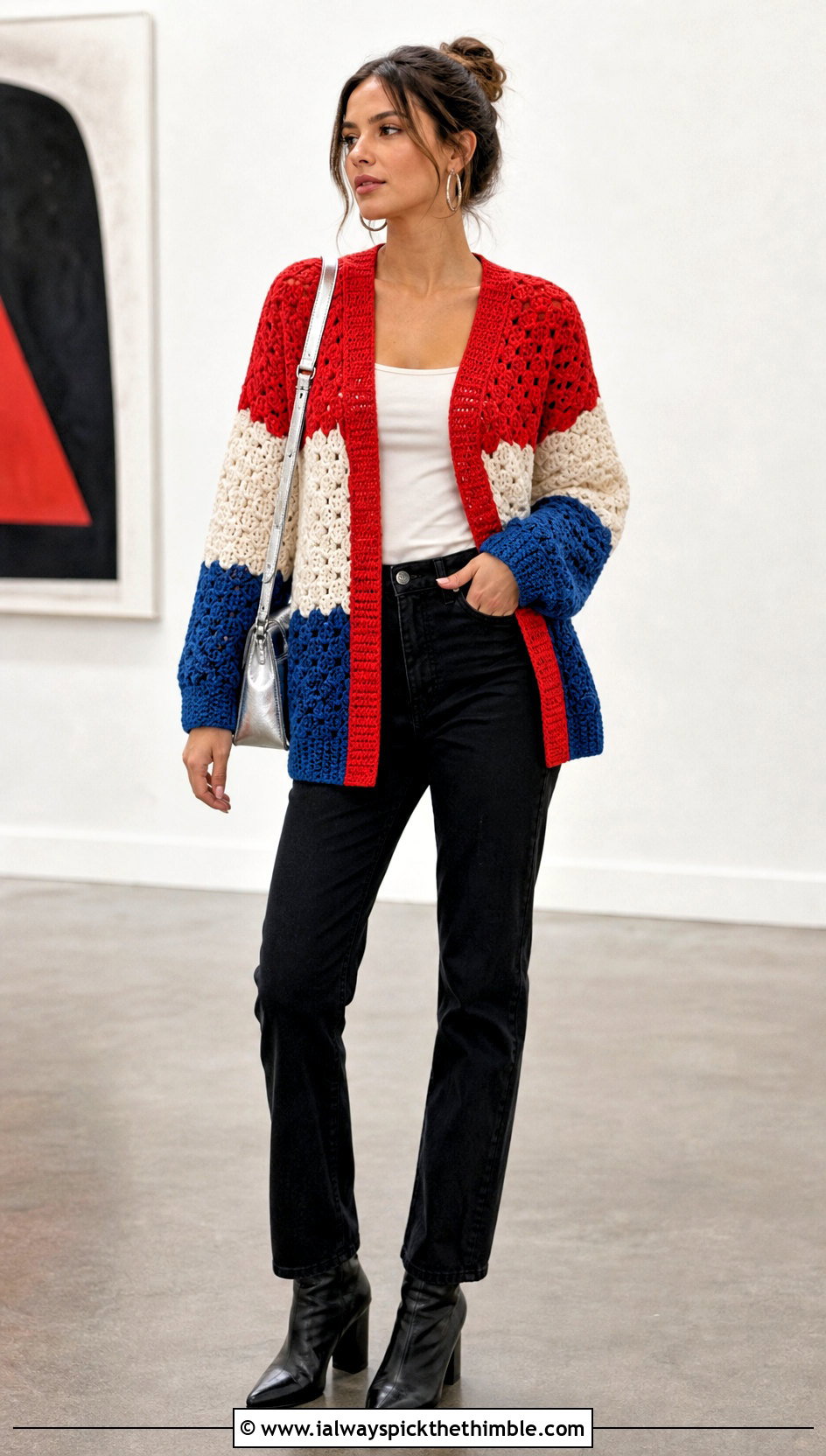 Color Block V Stitch Cardigan With Black Jeans - 20 Crochet V Stitch Cardigan outfit ideas