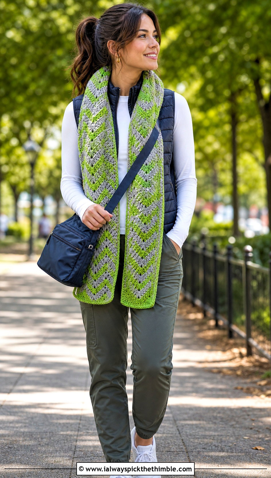 Color Block V Stitch Crochet Scarf With Puffer Vest - 20 v stitch crochet scarf outfit ideas