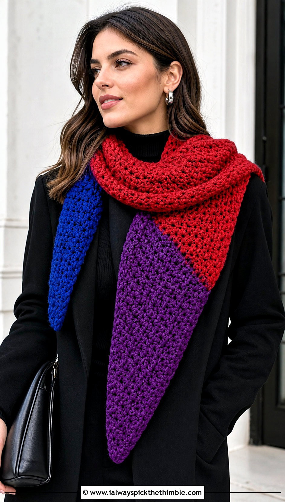 Color Block V Stitch Scarf With Monochrome Outfit - 20 crochet v stitch scarf outfit ideas