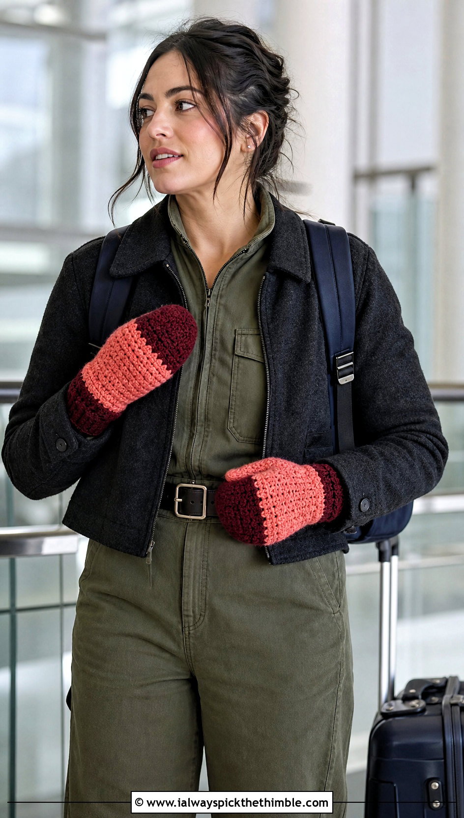 Color Block Velvet Crochet Mittens With Utility Jumpsuit - 20 velvet crochet mittens outfit ideas