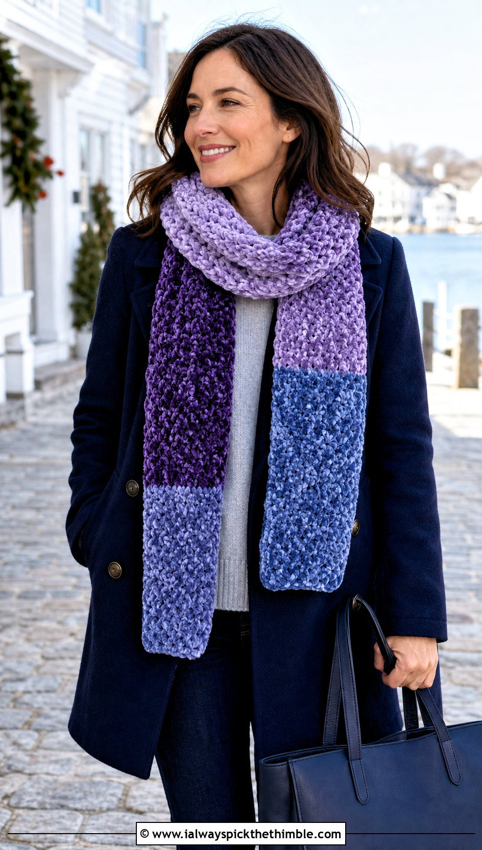 Color Block Velvet Crochet Scarf With Pea Coat - 20 Velvet Crochet Scarf outfit ideas