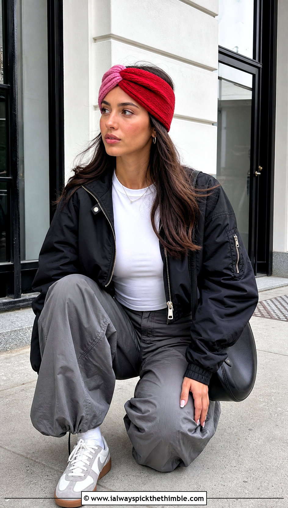 Color Block Velvet Twist Crochet Headband With Bomber Jacket And Parachute Pants - 20 Velvet Twist Crochet Headband outfit ideas