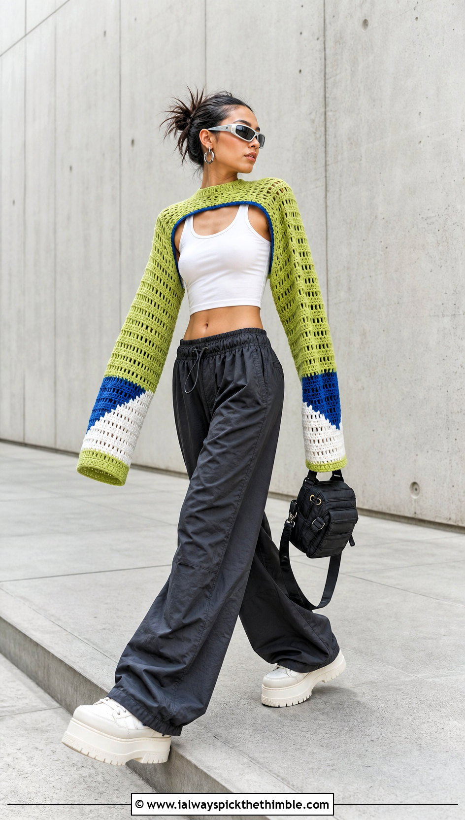 Color Block Virgin Killer Crochet Sweater With Parachute Pants - 15 virgin killer crochet sweater outfit ideas