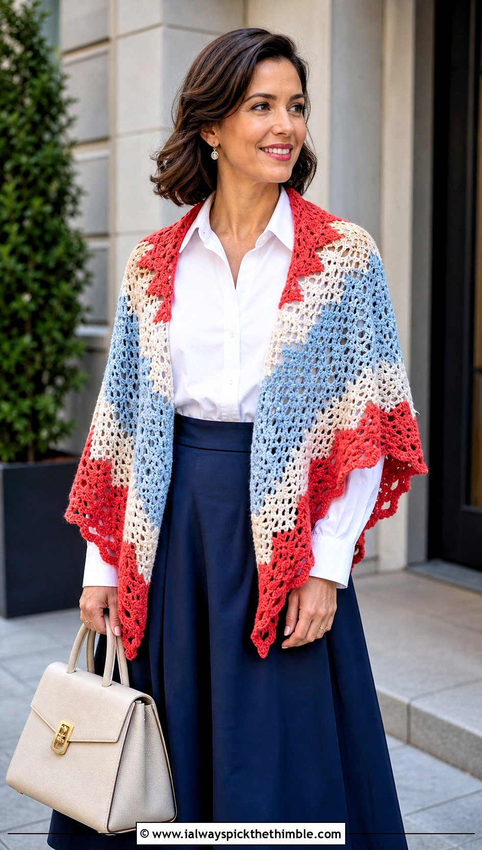 Color Block Virus Shawl With Midi Skirt - 15 crochet virus shawls outfit ideas