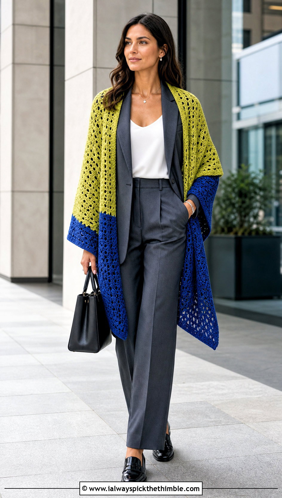 Color Block Virus Shawl With Monochrome Suit - 25 crochet virus shawl outfit ideas