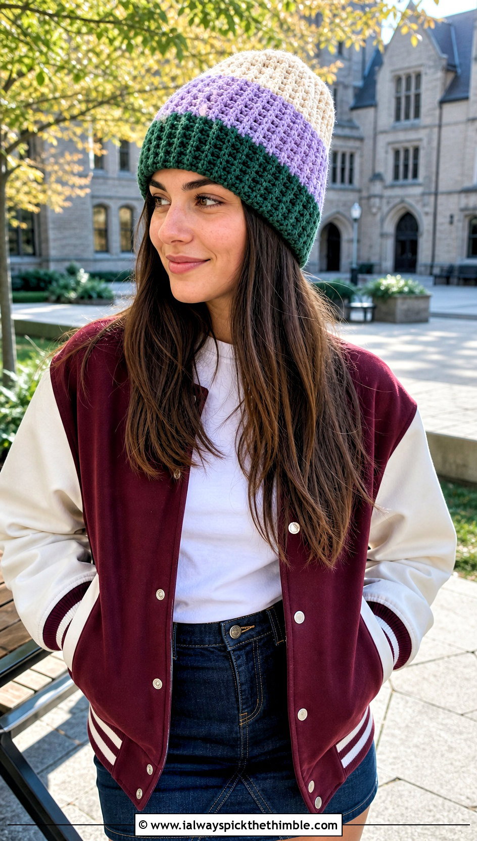 Color Block Waffle Crochet Beanie With Varsity Jacket And Denim Skirt - 20 waffle crochet beanie outfit ideas