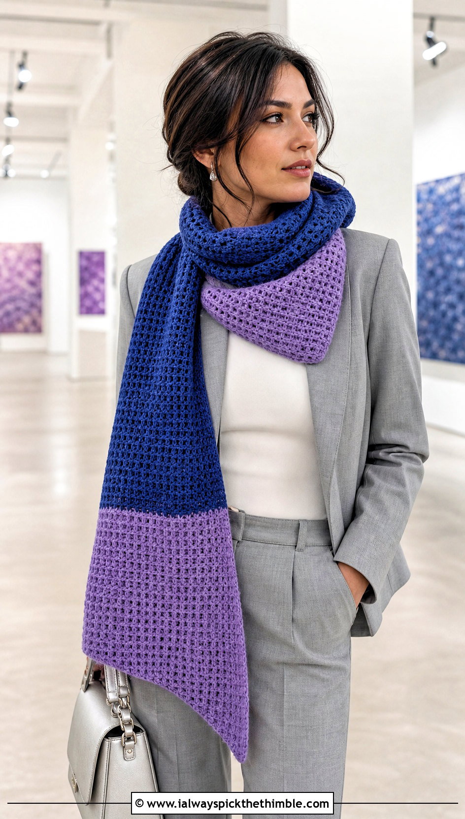 Color Block Waffle Crochet Scarf With Monochrome Suit - 20 Waffle Crochet Scarf outfit ideas