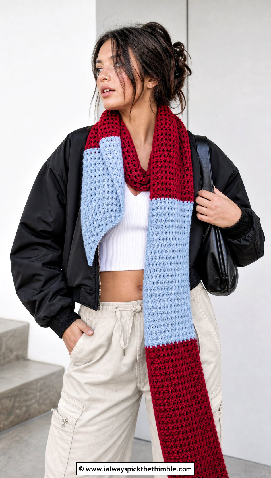 Color Block Waffle Stitch Crochet Scarf With Bomber Jacket - 20 waffle stitch crochet scarf outfit ideas
