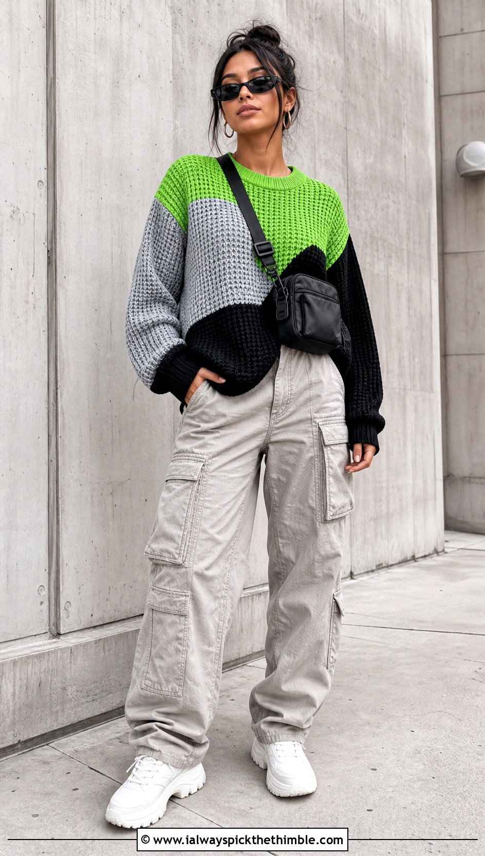 Color Block Waffle Stitch Crochet Sweater With Cargo Pants - 20 waffle stitch crochet sweater outfit ideas