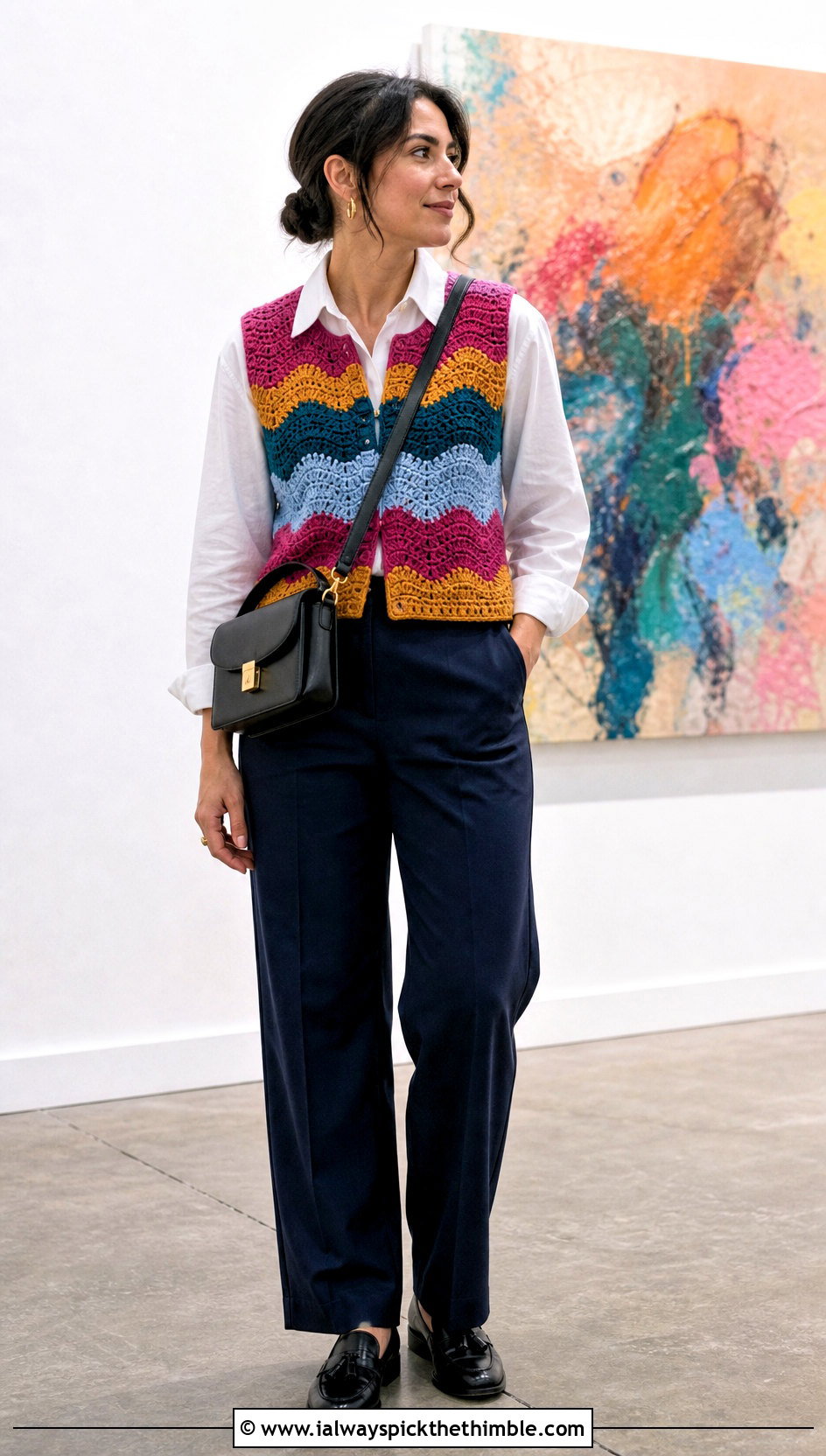 Color Block Wave Crochet Vest With Poplin Shirt And Trousers - 20 wavy crochet top outfit ideas
