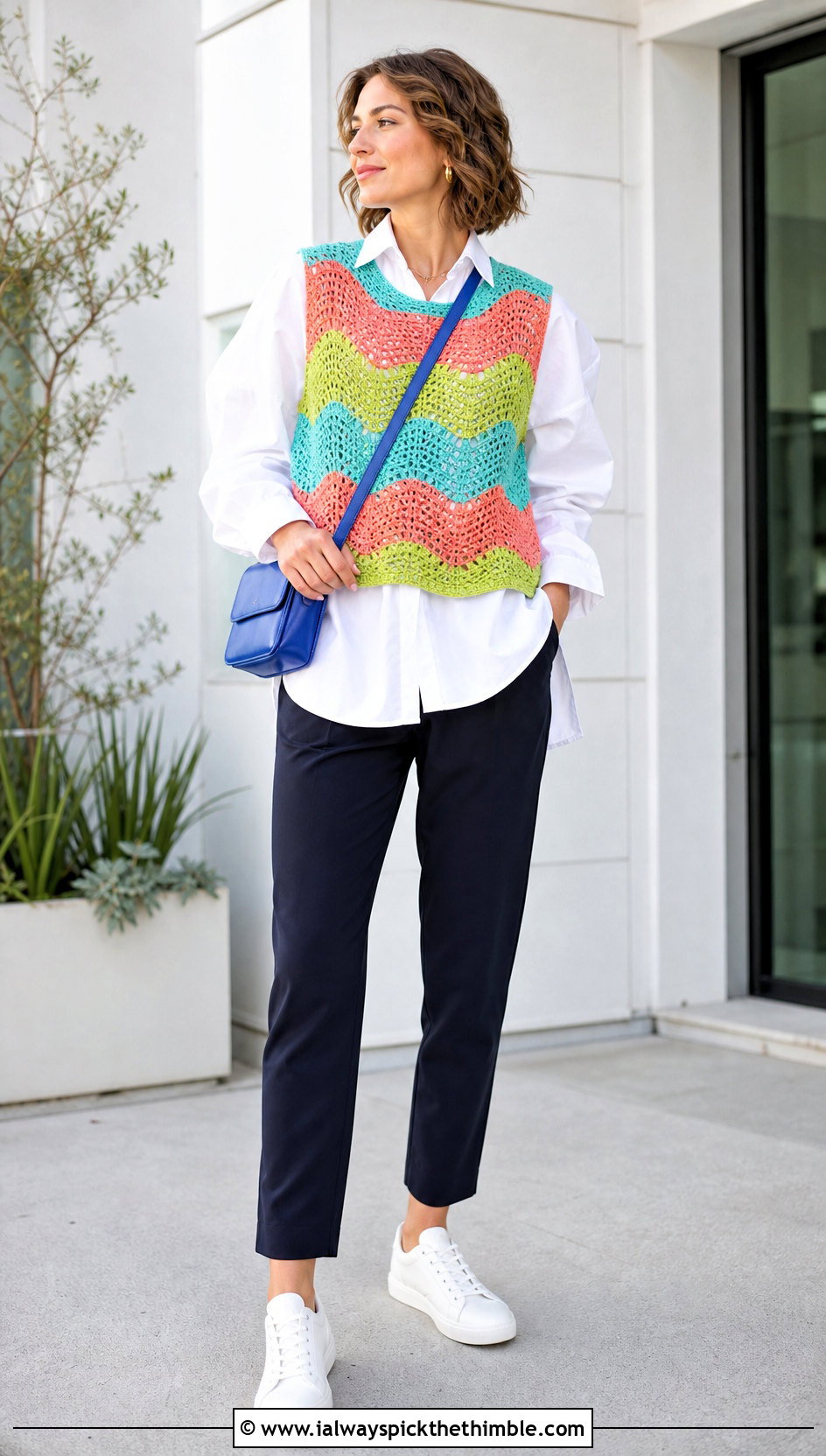 Color Block Wave Crochet Vest With Shirt And Trousers - 20 wave crochet top outfit ideas