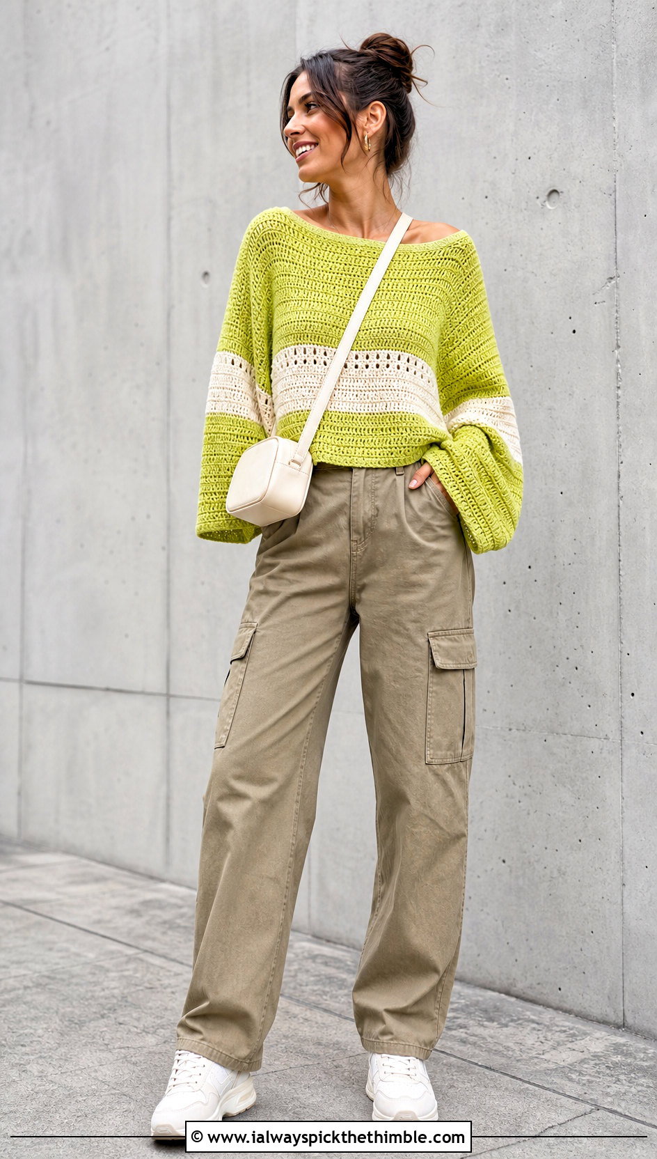Color Block Wide Sleeve Crochet Top With Cargo Pants - 25 crochet sleeve top outfit ideas