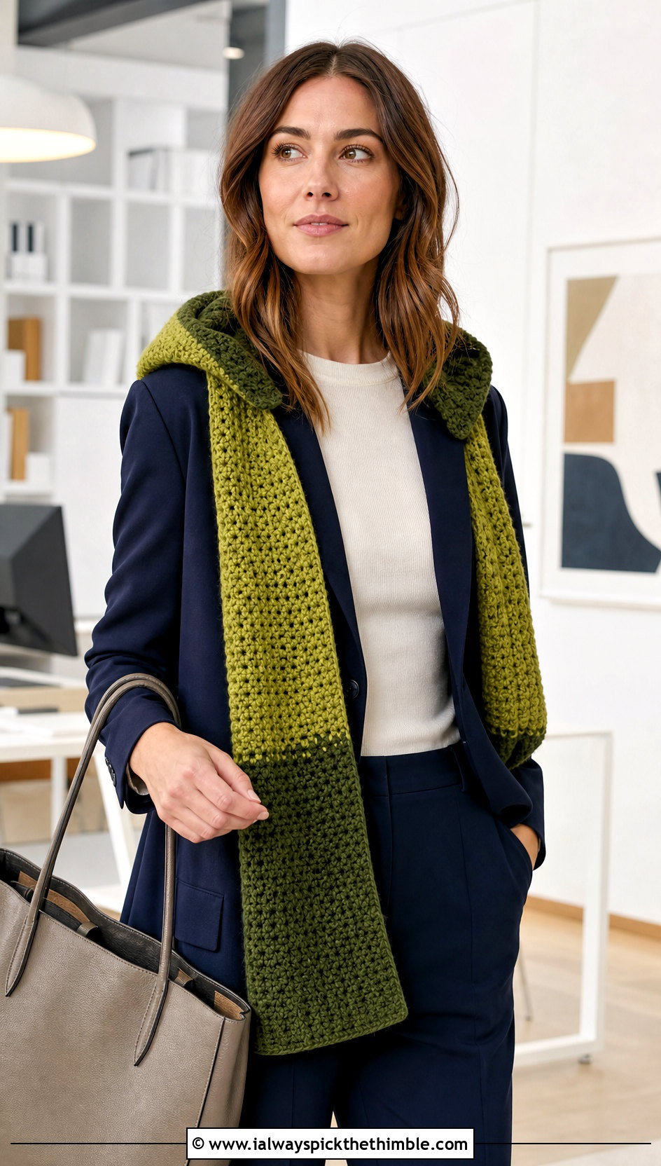 Color Block Woodland Hooded Crochet Scarf With Blazer And Trousers - 15 Woodland Hooded Crochet Scarf outfit ideas