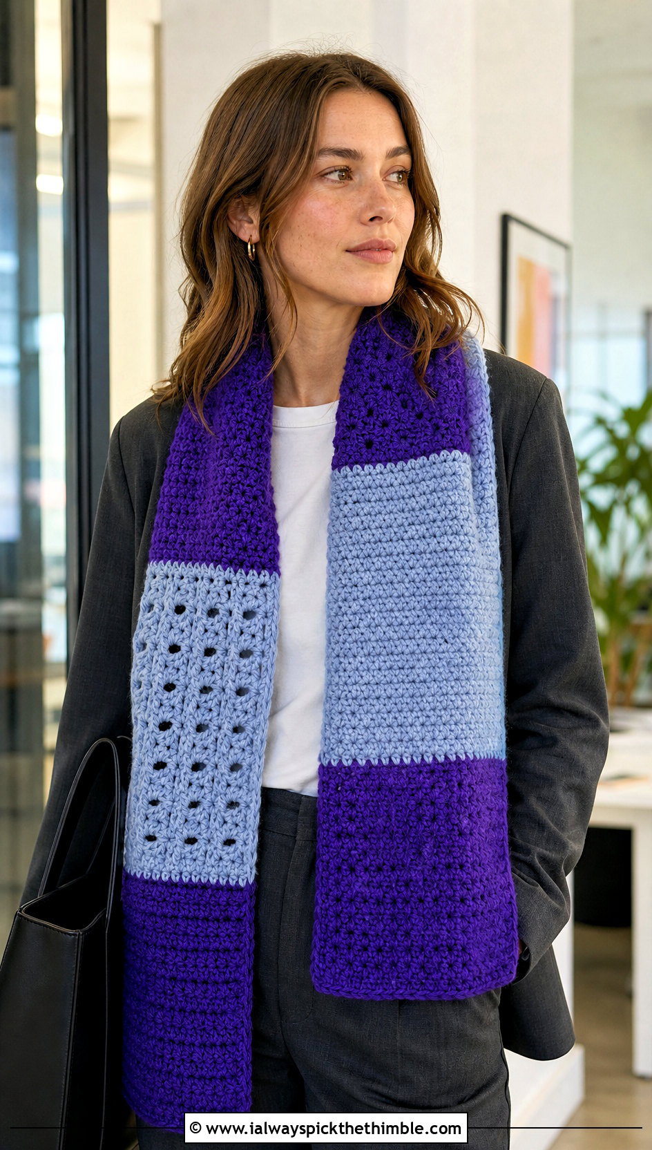 Color Block Wool Ease Crochet Scarf With Trouser Suit - 15 wool ease crochet scarf outfit ideas