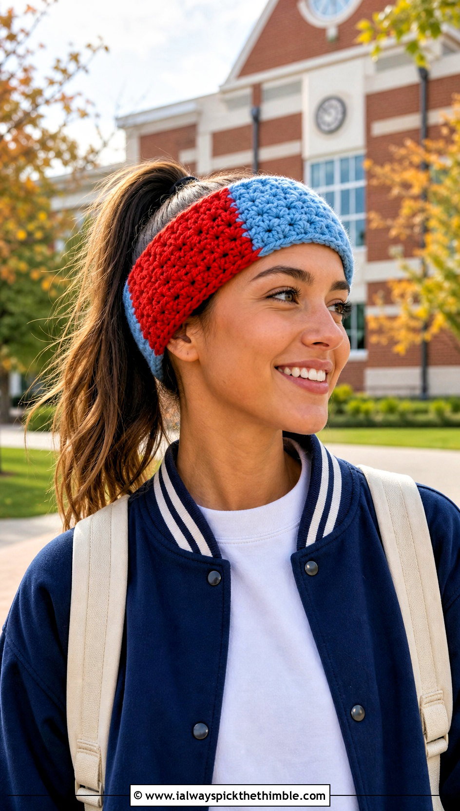 Color Block Wool Ease Thick And Quick Crochet Headband With Varsity Jacket - 15 wool ease thick and quick crochet headband outfit ideas