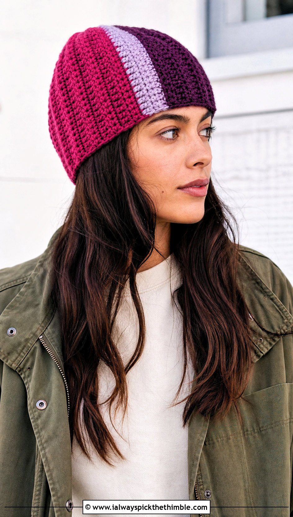 Color Block Worsted Crochet Beanie With Utility Jacket - 15 Worsted Crochet Beanie outfit ideas