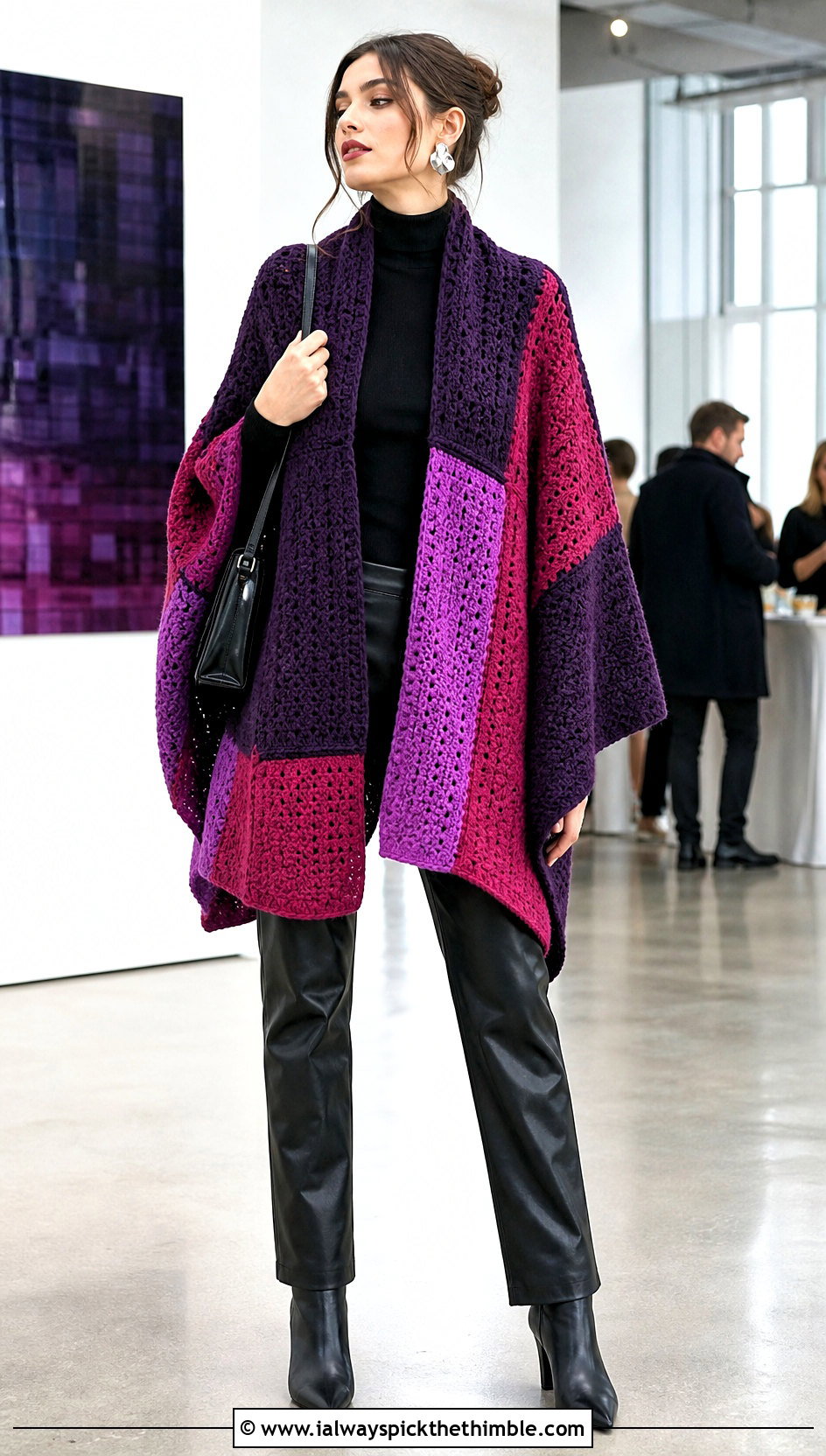 Color Block Worsted Weight Crochet Shawl With Leather Pants - 20 Crochet Shawl Worsted Weight Yarn outfit ideas