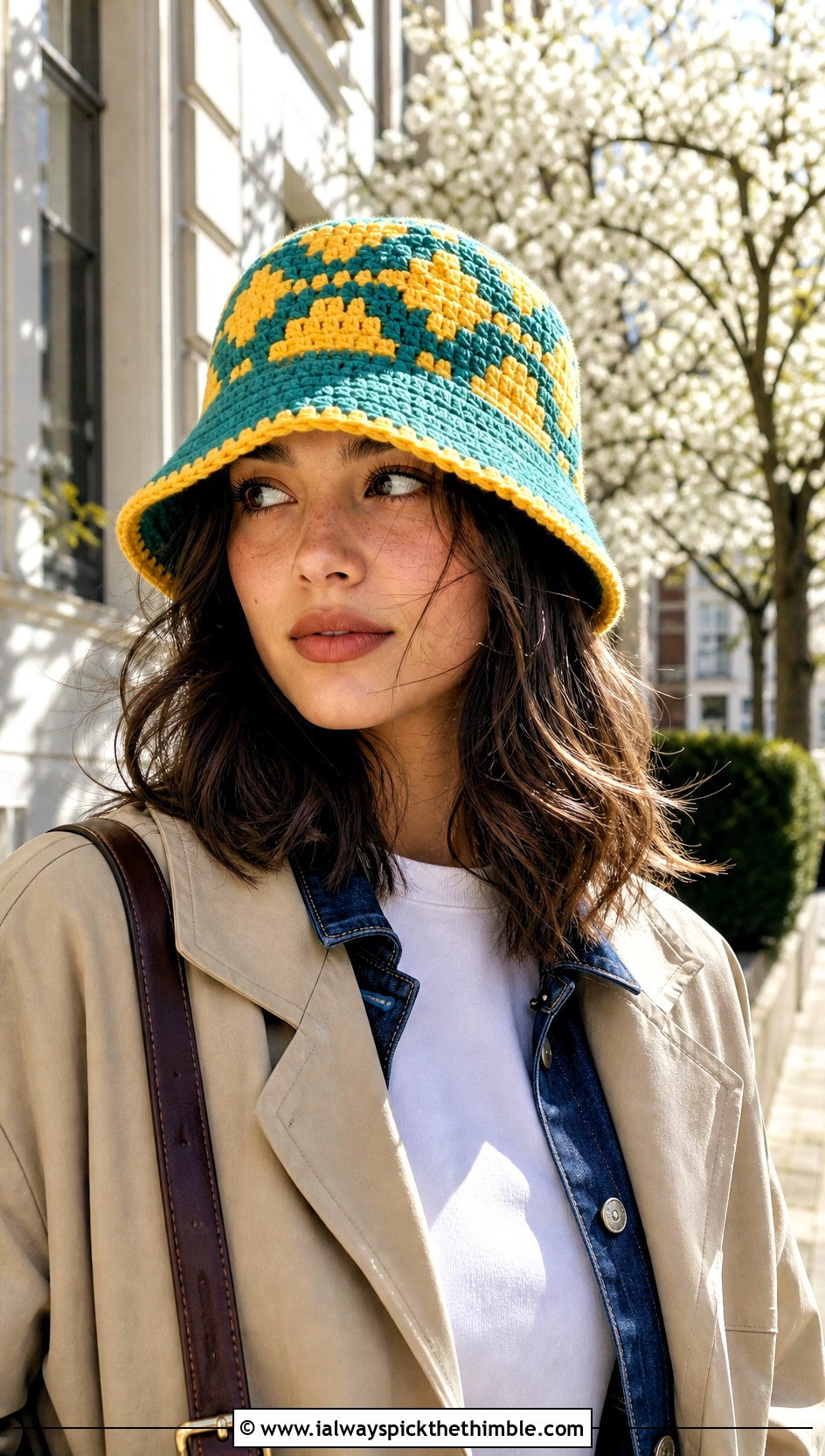 Color Block Yellow Crochet Bucket Hat With Trench Coat - 20 yellow crochet bucket hat outfit ideas