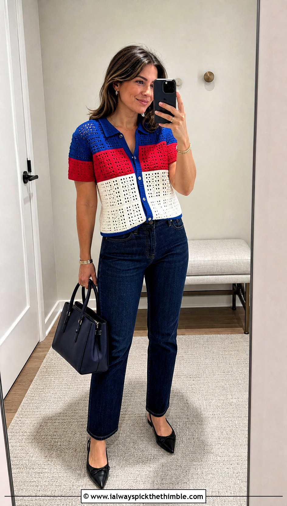 Color Block Yoke Crochet Shirt With Dark Wash Jeans - 15 Crochet Yoke Shirt outfit ideas