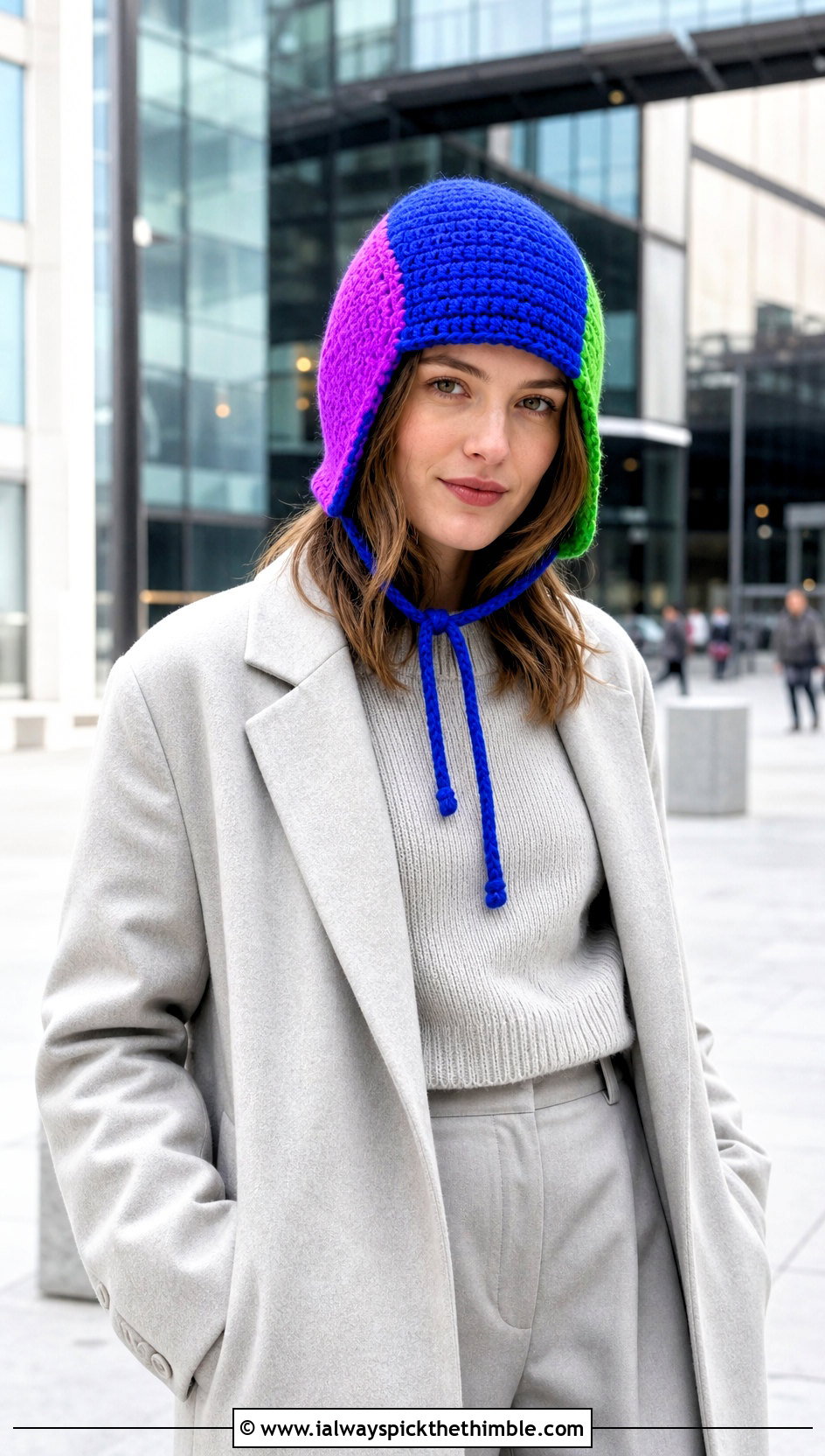 Color Blocked Crochet Ear Flap Hat With Monochrome Outfit - 20 crochet ear flap hat outfit ideas